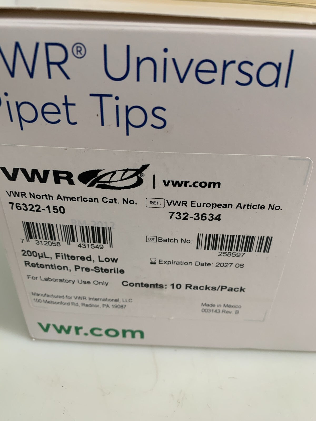 VWR INTERNATIONAL PIPET TIPS 76322-150 EUR#732-3634  10 RACK 10X96 PER BOX