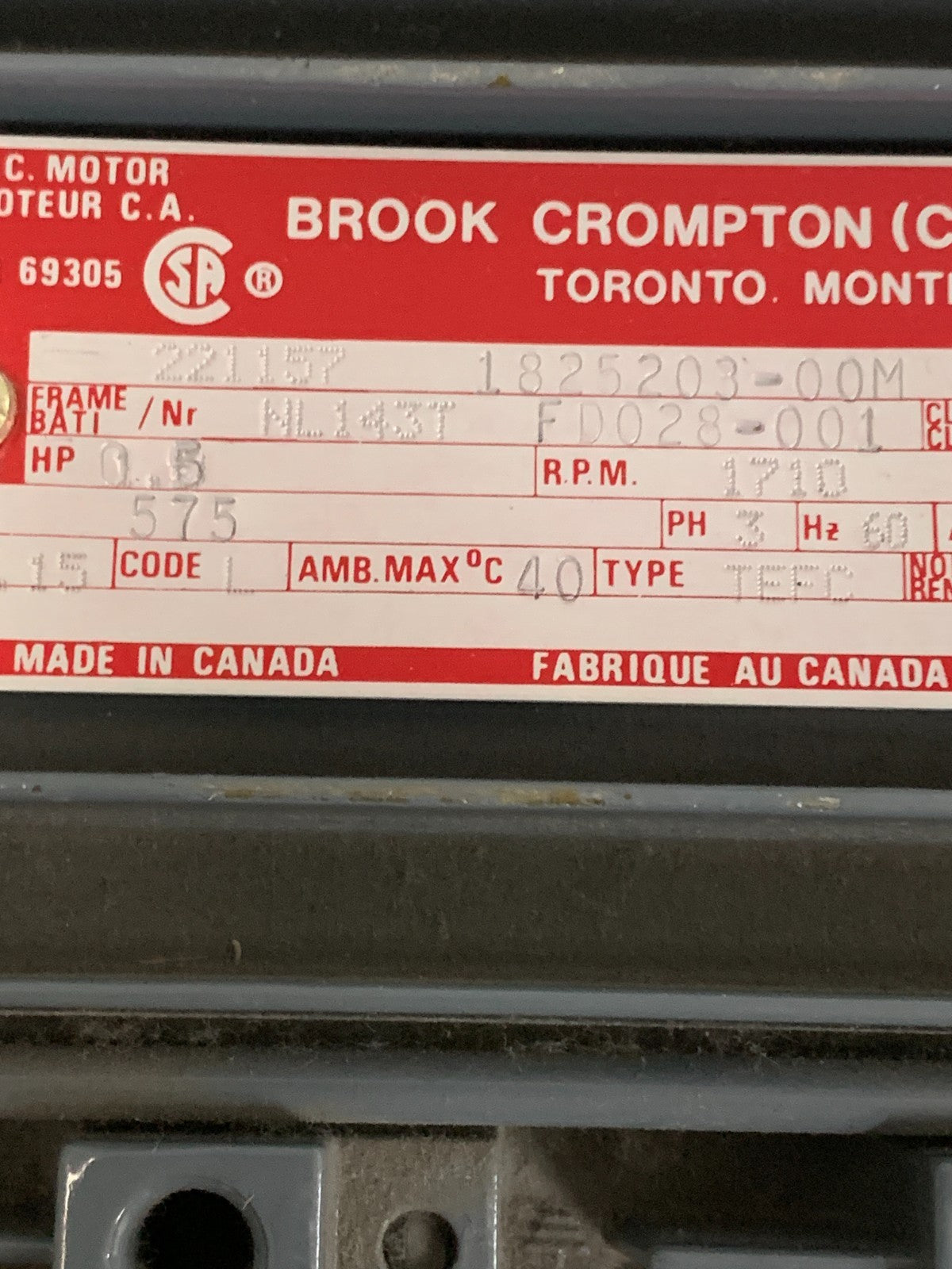 BROOK CROMPTON MOTOR 221157 1825203-COM