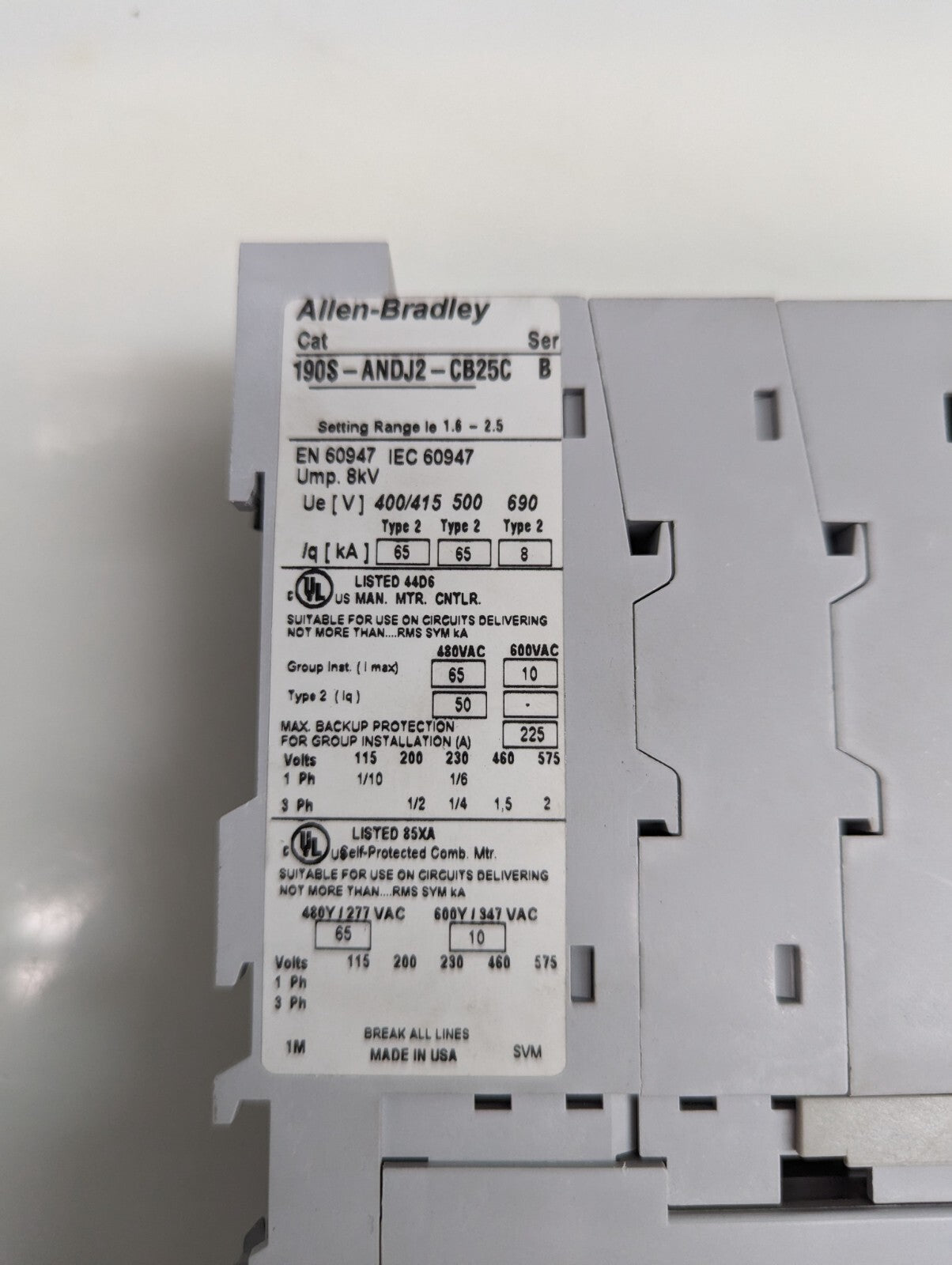 ALLEN BRADLEY COIL STARTER 190S-ANDJ2-CB25C SER. B