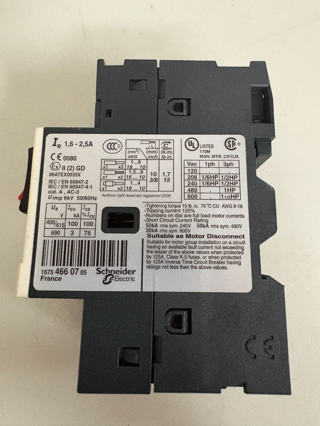 SCHNEIDER ELECTRIC MOTOR STARTER GV2ME07/1.6-2.5 D