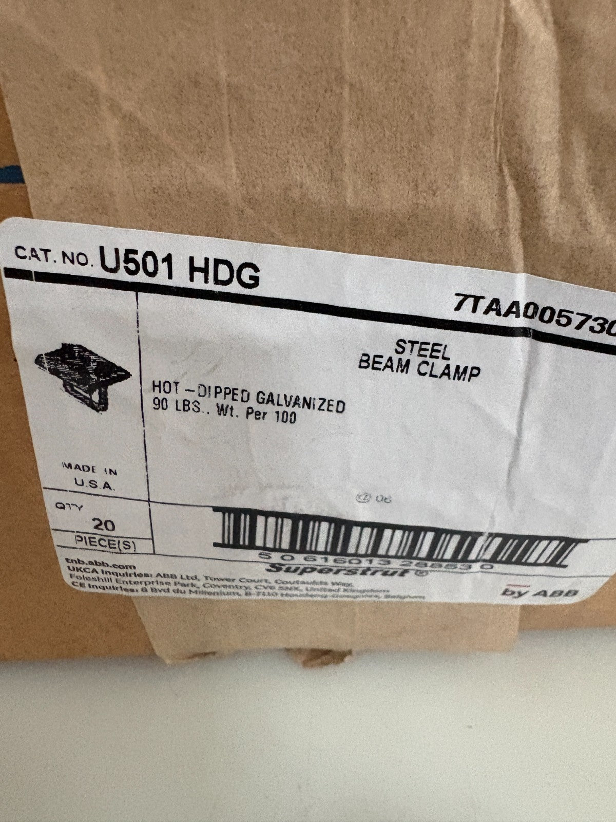 LOT OF 20 IN BOX ABB THOMAS & BETTS STEEL BEAM CLAMP U501 HDG2