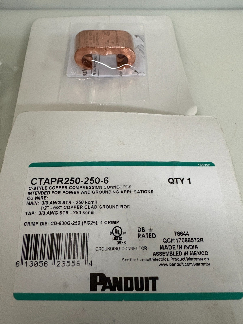 LOT OF 5 PANDUIT C STYLE COPPER COMPRESSION CONNECTOR CTAPR250-250-61