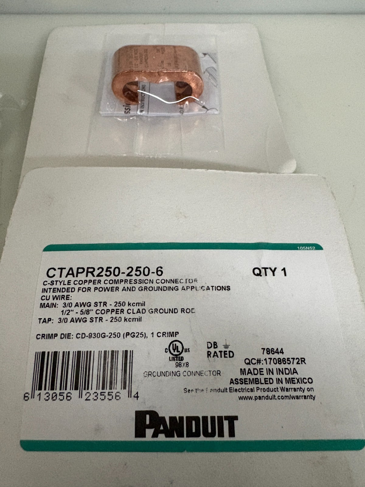 LOT OF 5 PANDUIT C STYLE COPPER COMPRESSION CONNECTOR CTAPR250-250-61