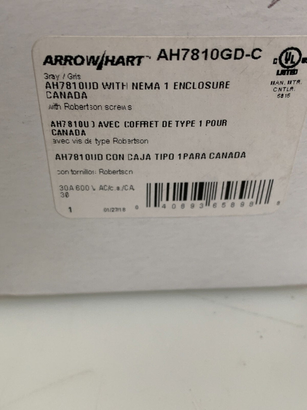 Eaton Arrow/Hart Manual Motor Controller 3HP-15HP 30A 600VAC AH7810GD-C