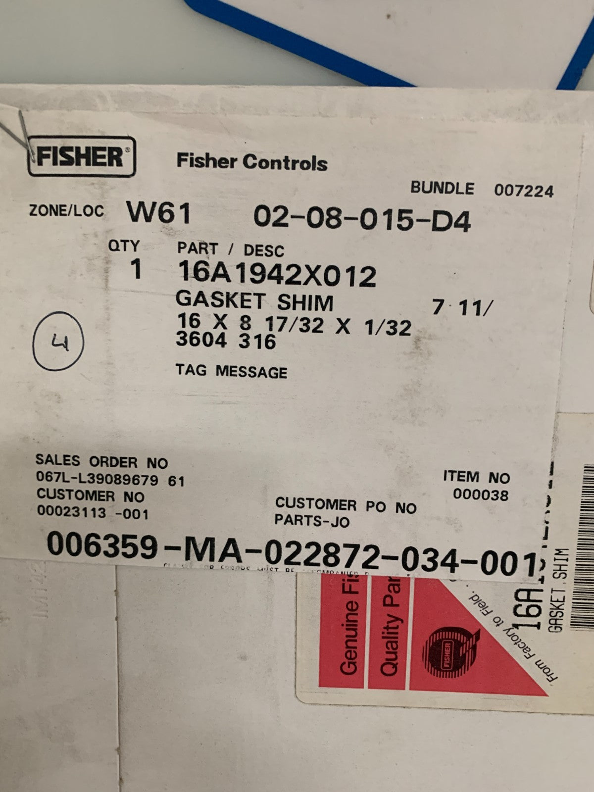 FISHER CONTROLS GASKET SHIM #16A1942X0121