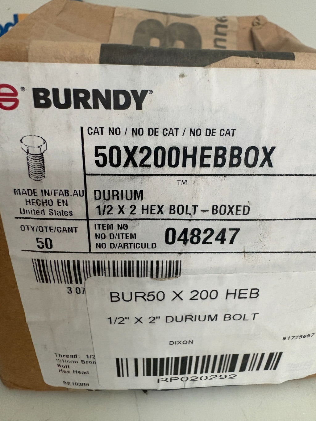 BURNDY 1/2X2 HEX BOLT 50X200 HEBBOX #048247 50 PER BOX2