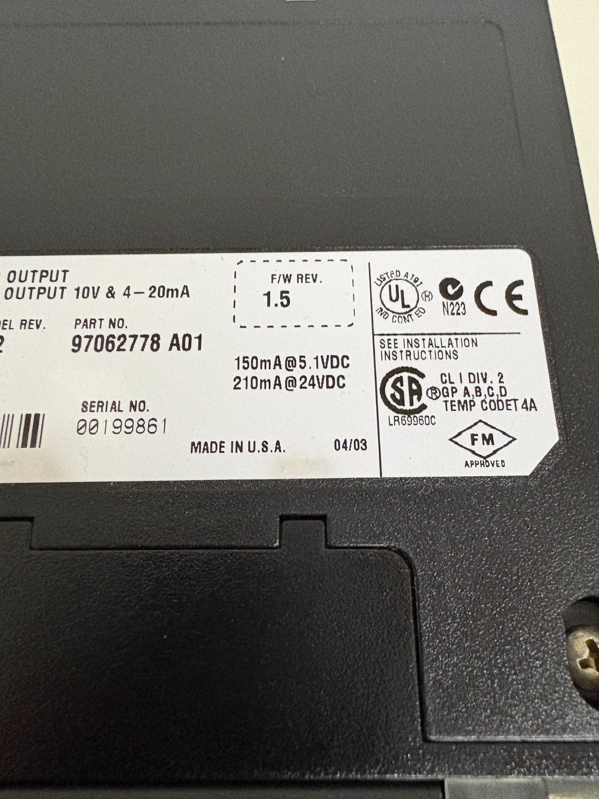 HONEYWELL ANALOG OUTPUT MODULE TC-0AV081 J02 9702778 A01