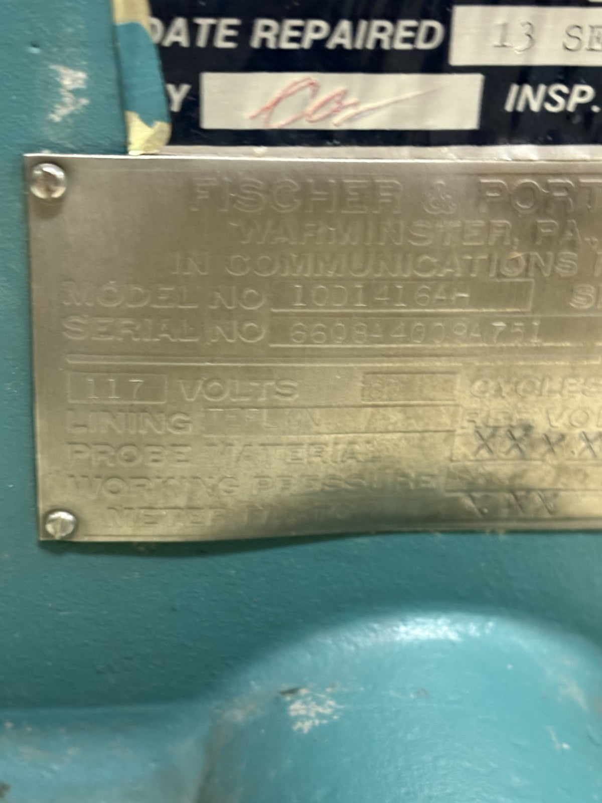 FISHER & PORTER TEFLON MAGNETIC TUBE FLOW METER MODEL 10D1416 AH