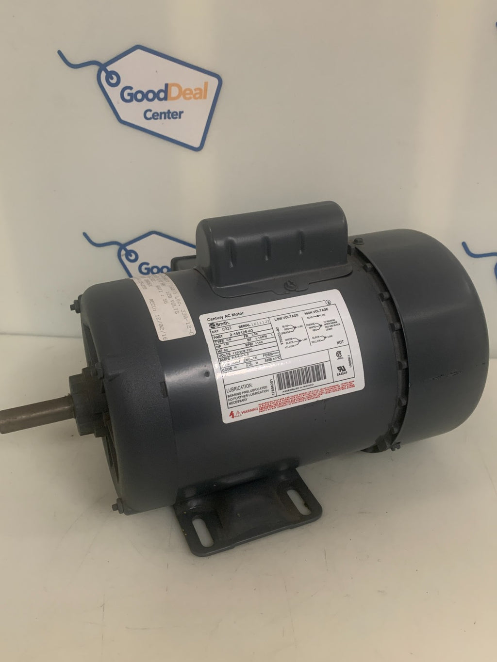 CENTURY AC MOTOR AC SMITH 1/2 HP MOTOR MODEL C 322 PART#2-159126-03