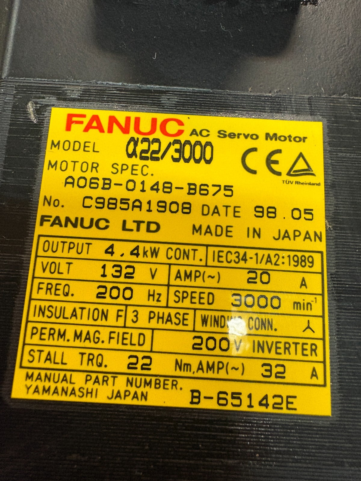 GE FANUC AC SERVO MOTOR 22/3000 A 06B-0148-B675 REFURBISHED