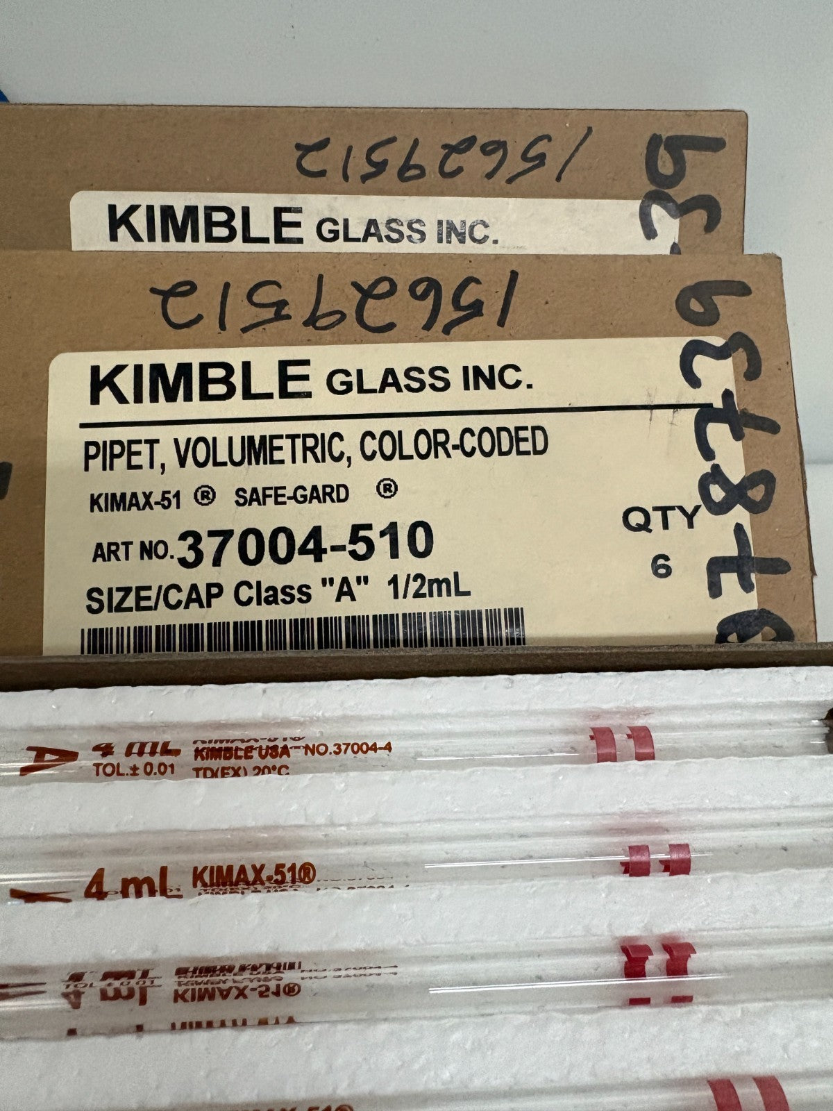 LOT OF 3 KIMBLE GLASS KIMAX 51 VOLUMETRIC PIPET 1/2 ML 37004-510