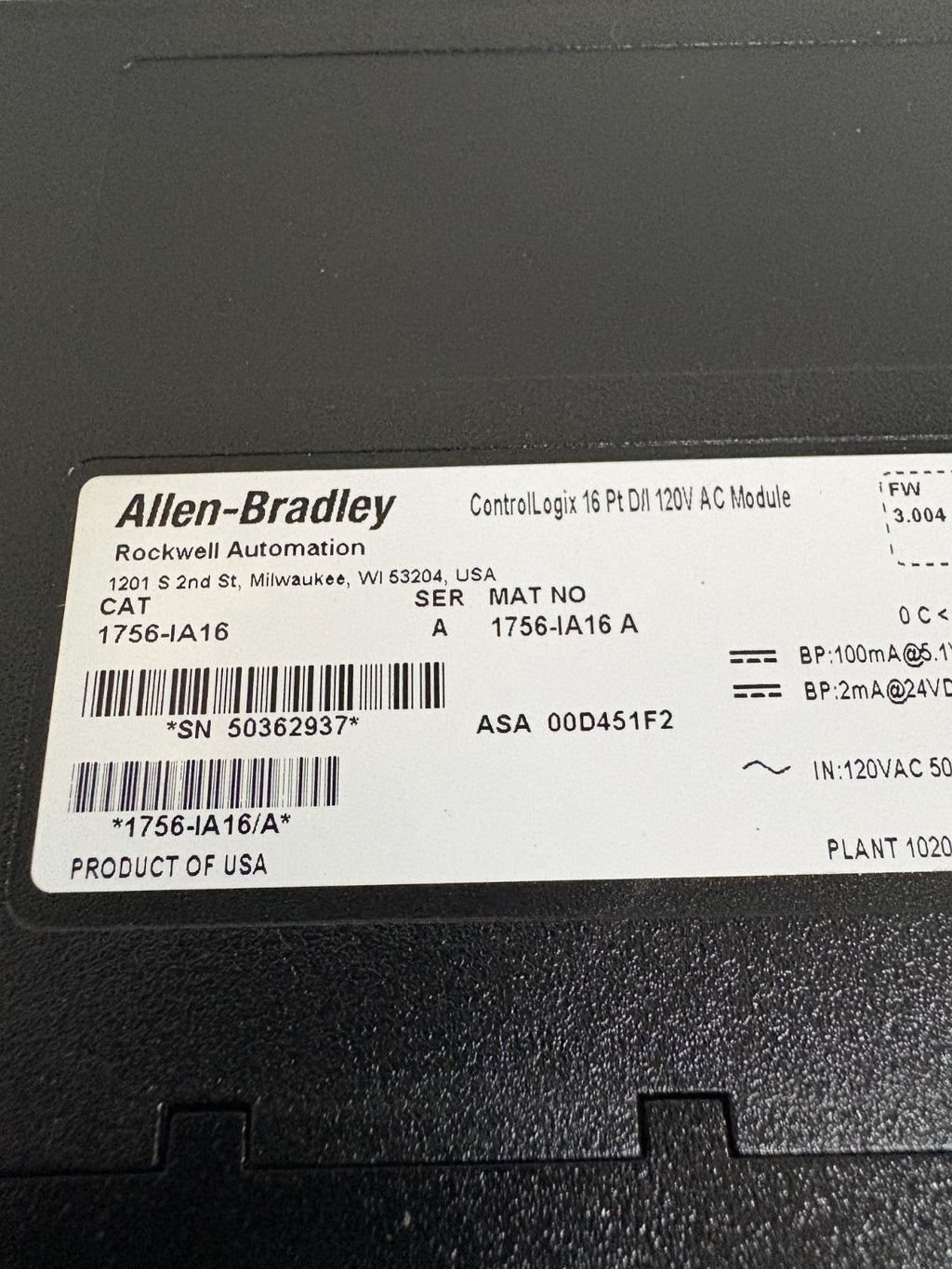 ALLEN BRADLEY CONTROLLOGIX 16 PT DI 120V AC INPUT MODULE