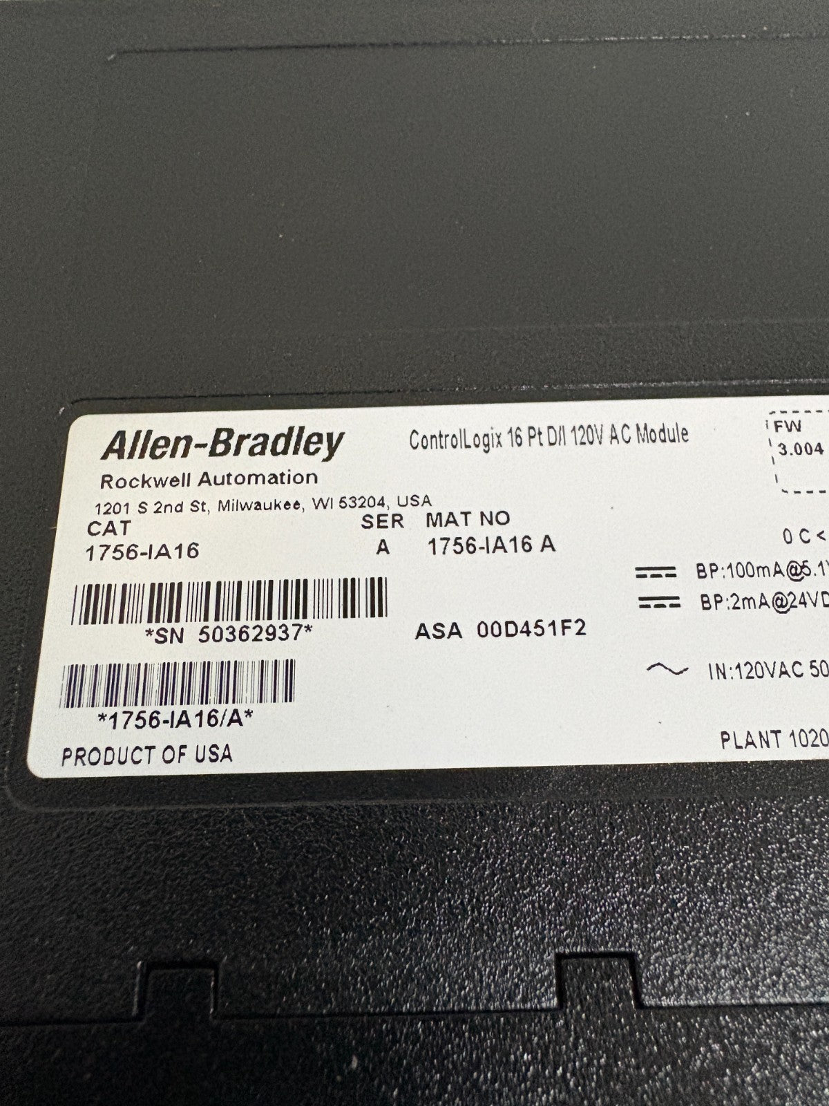 ALLEN BRADLEY CONTROLLOGIX 16 PT DI 120V AC INPUT MODULE