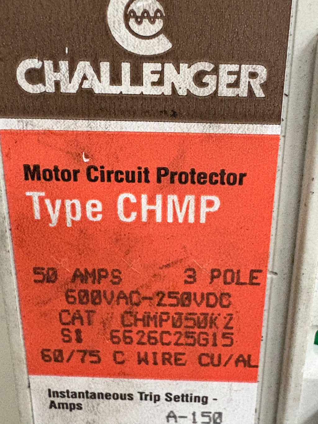 CHALLENGER 50 AMP MOTOR CIRCUIT PROTECTOR TYPE CHMP050K2 6626C25G15