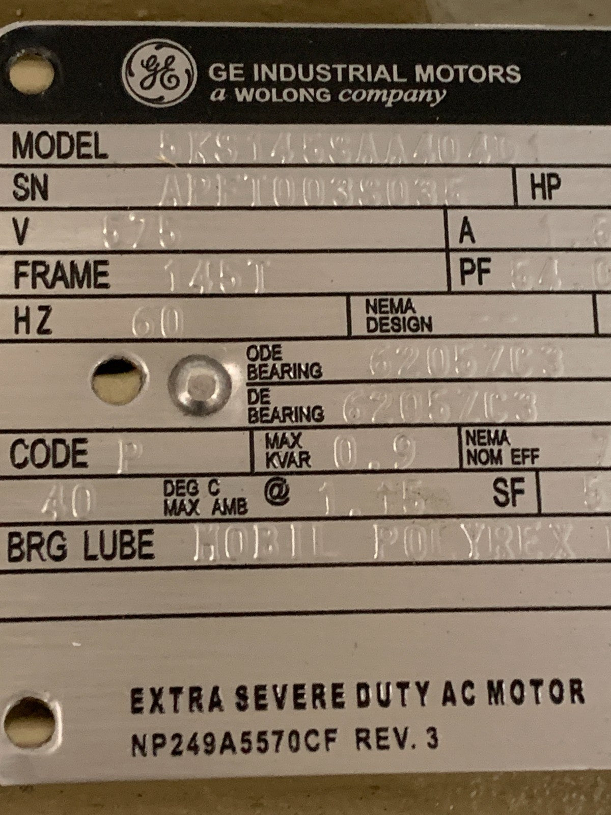 GENERAL ELECTRIC 3/4 HP 850 RPM EXTRA SEVERE DUTY CAT#M477 AC MOTOR 5KS145SAA404