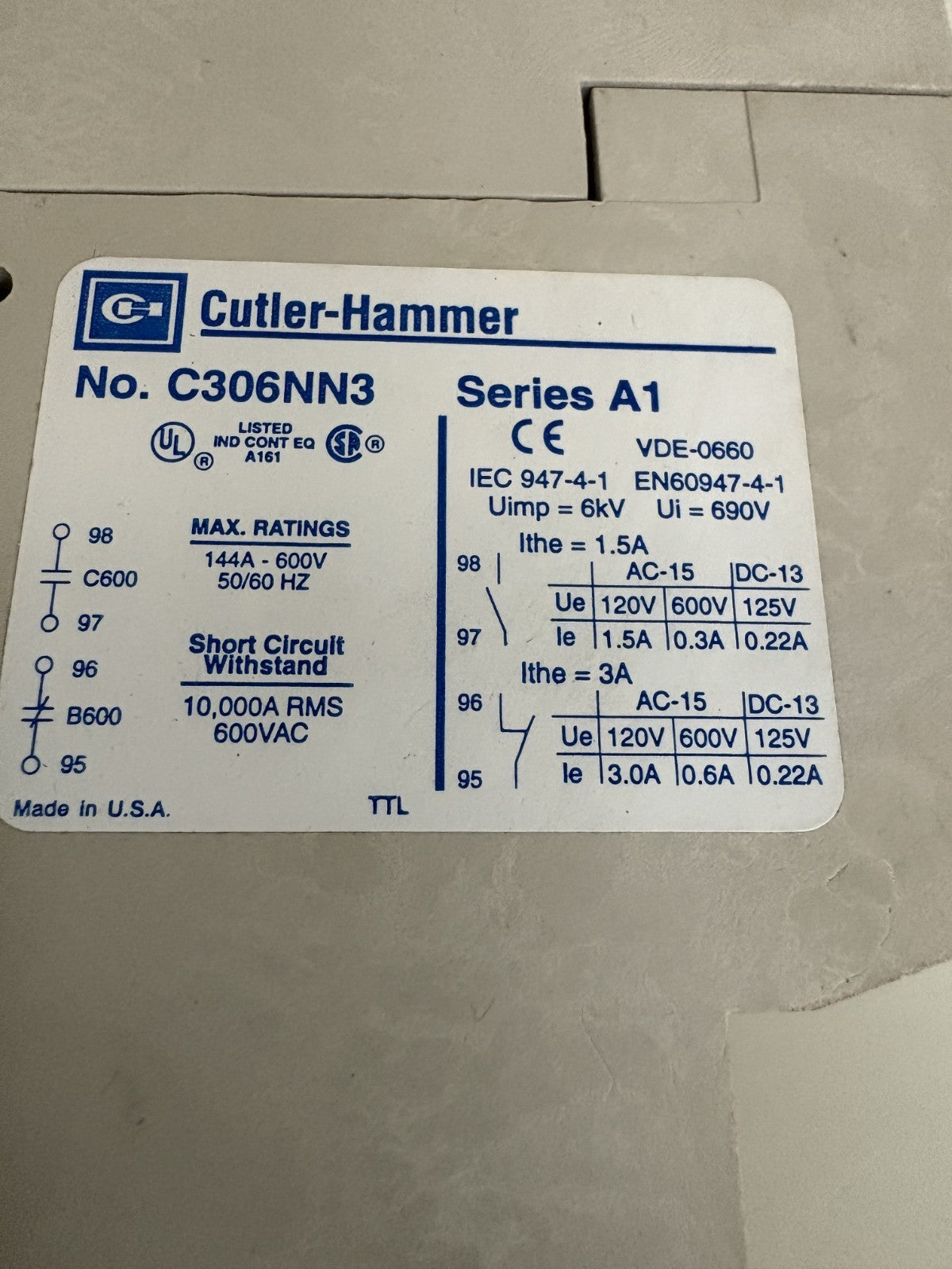 EATON CUTLER HAMMER OVERLOAD RELAY C306NN3