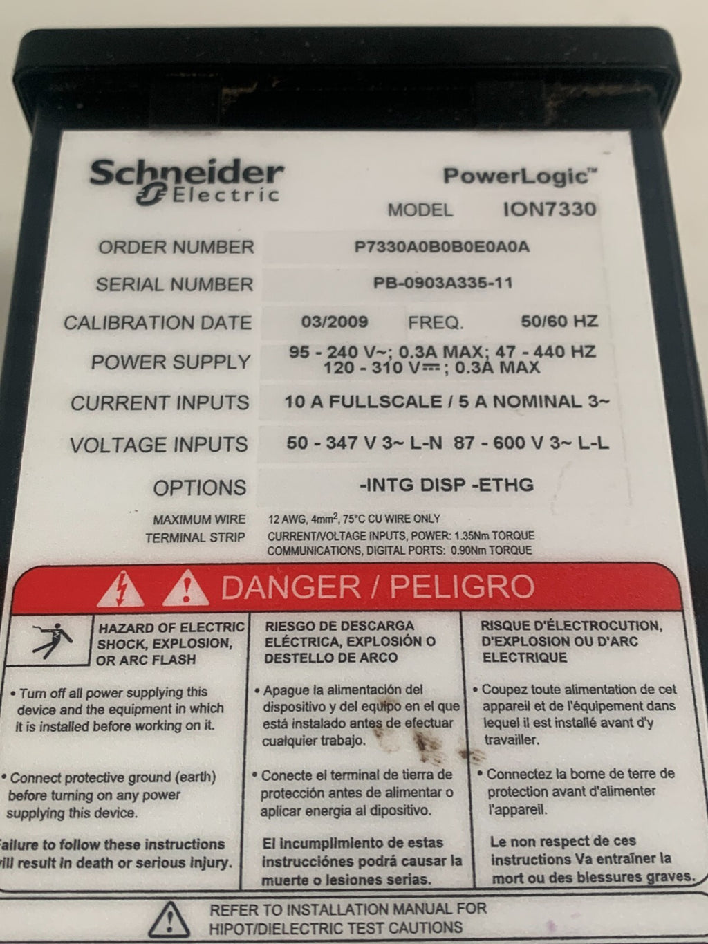 SCHNEIDER SQUARE D POWER LOGIC POWER AND ENERGY METER MODEL ION73302