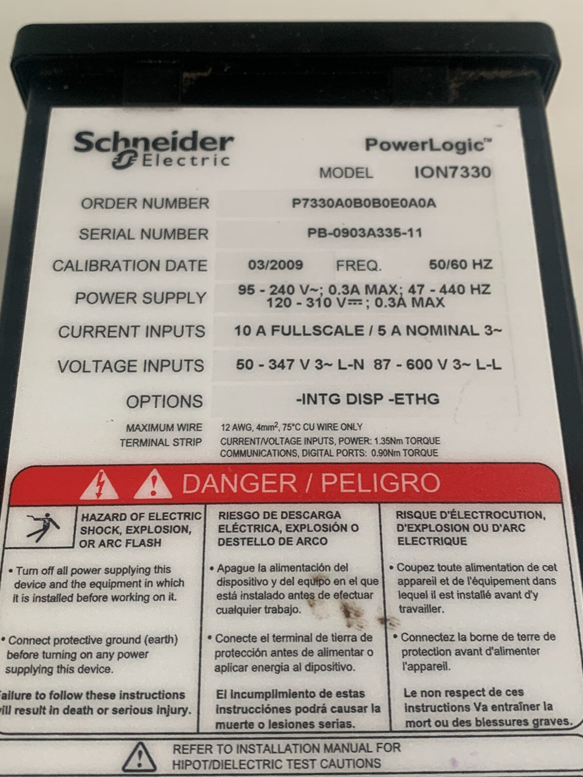 SCHNEIDER SQUARE D POWER LOGIC POWER AND ENERGY METER MODEL ION73302
