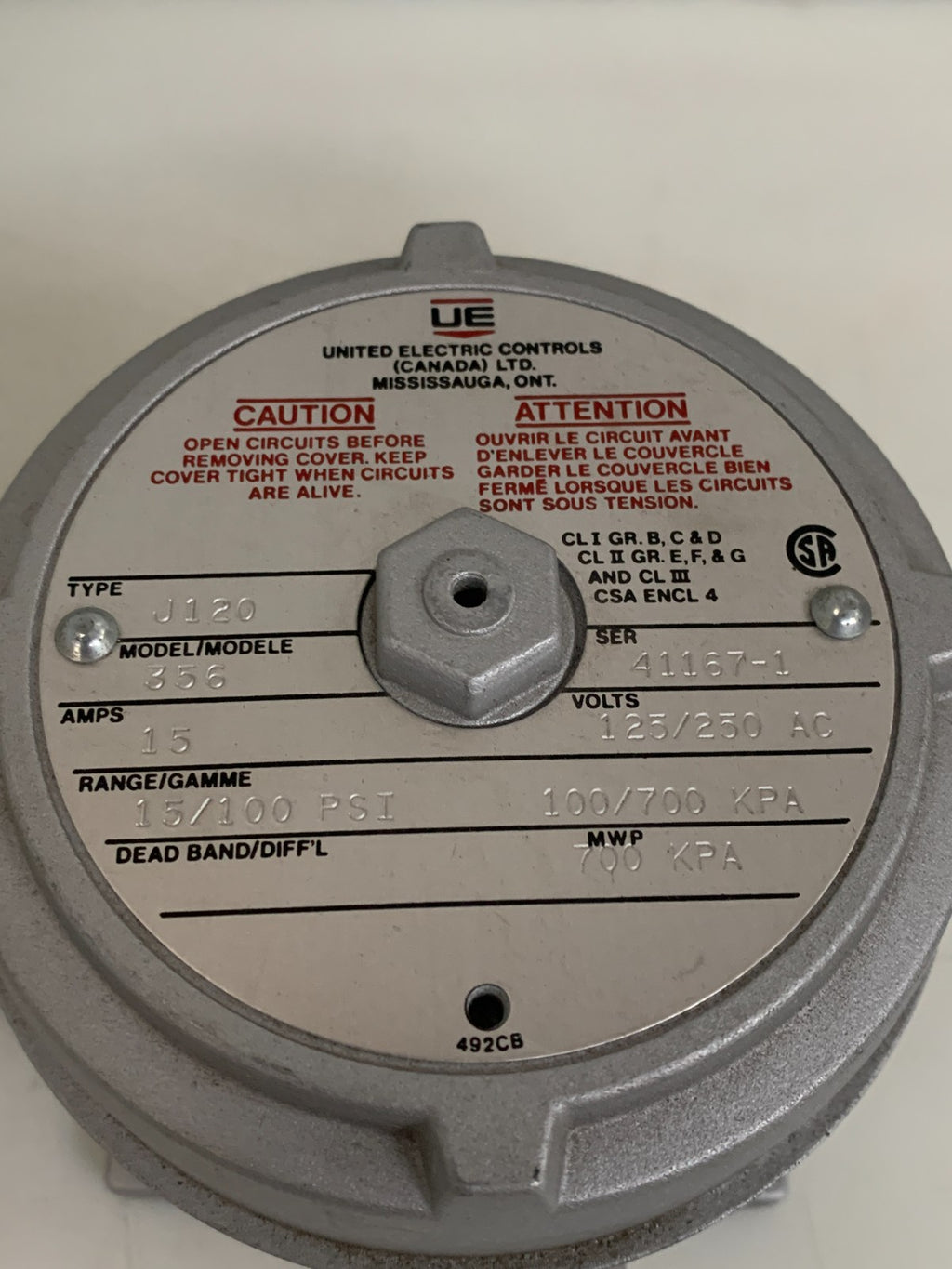 UNITED ELECTRIC CONTROLS EXPLOSION PROOF PRESSURE SWITCH J120-356