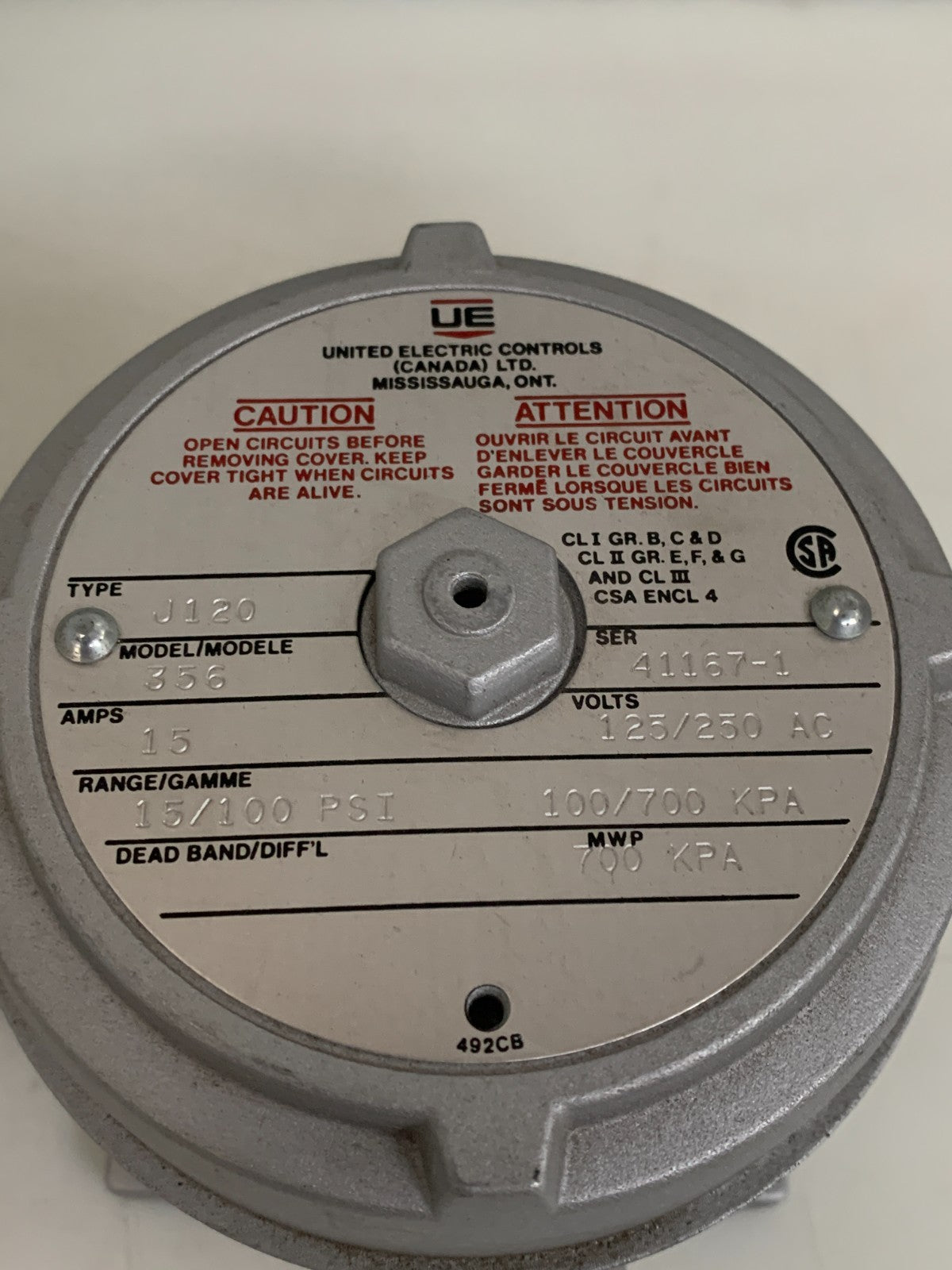 UNITED ELECTRIC CONTROLS EXPLOSION PROOF PRESSURE SWITCH J120-356