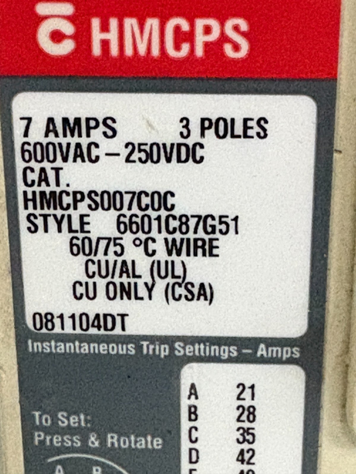 EATON CUTLER HAMMER 7AMPS CIRCUIT BREAKER HMCPS007C0C2
