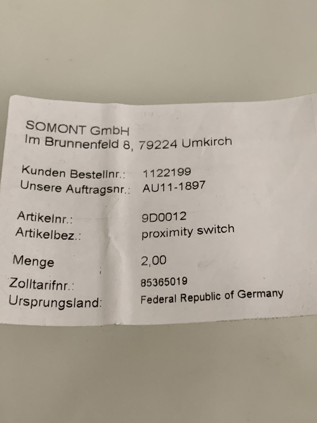 LOT OF 2  SOMONT GMBH PROXIMITY SWITCH 1122199 9D0012 AU11-1897