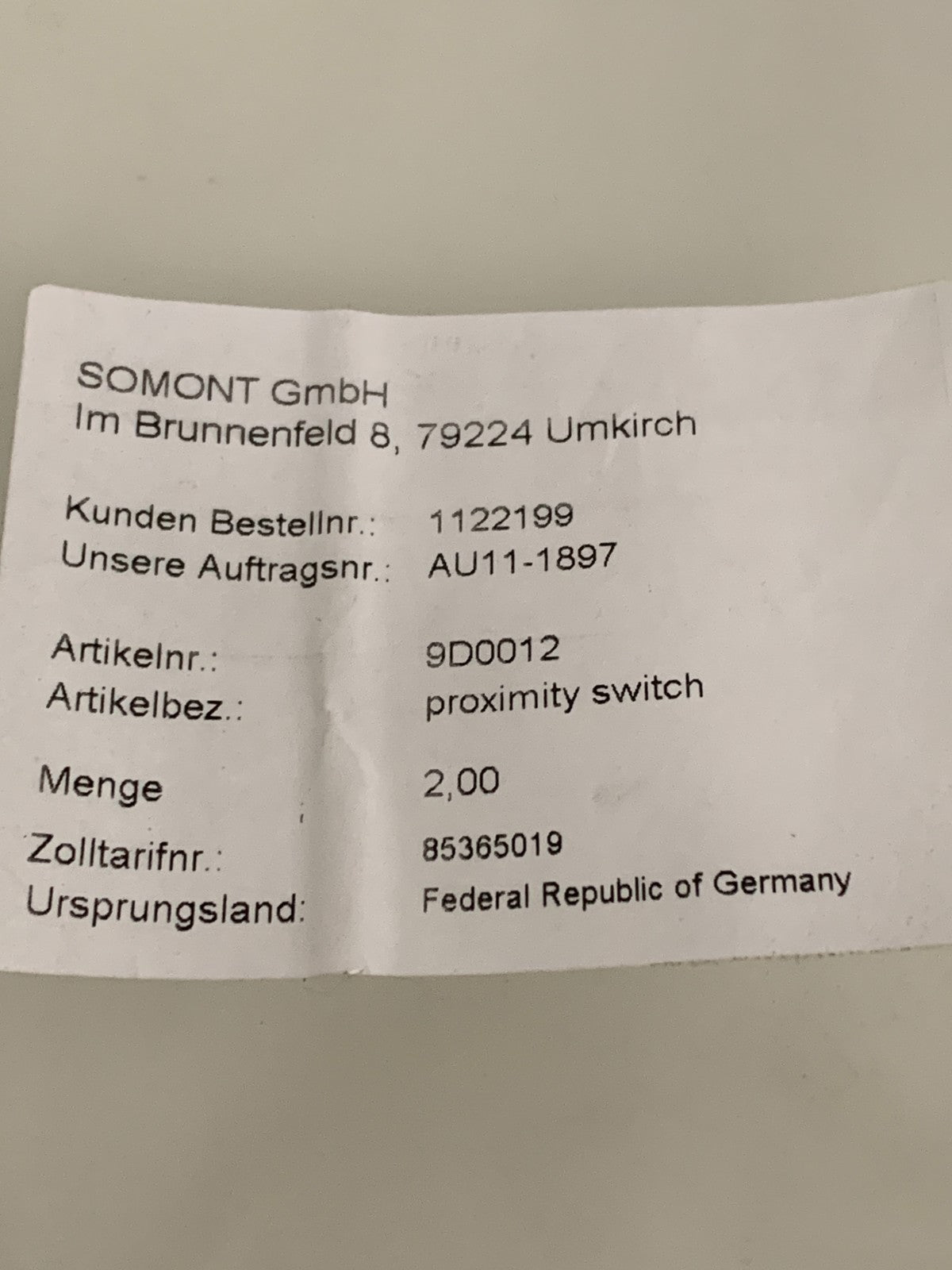 LOT OF 2  SOMONT GMBH PROXIMITY SWITCH 1122199 9D0012 AU11-1897