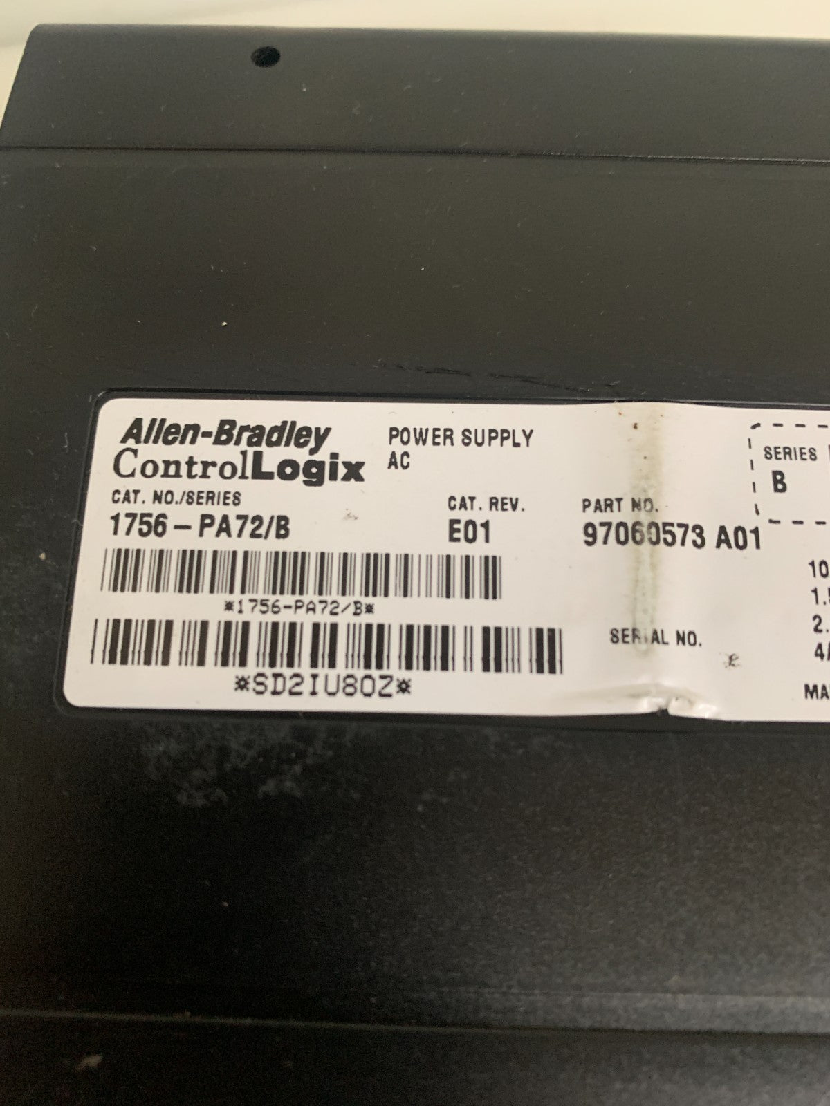 ALLEN BRADLEY CONTROL LOGIX POWER SUPPLY 1756-PA72/B REV E01  97060573 A012