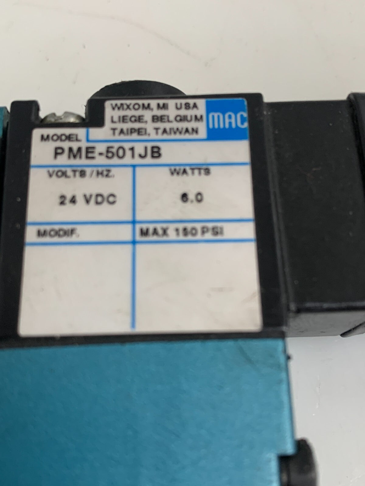 MAC SOLENOID VALVE 20TO PSI 811C-PM-502JB-155  W/MAC SOLENOID  24VDC PME-501JB