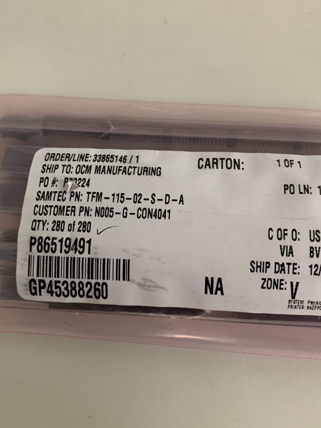 LOT OF 5 TUBE SAMTEC SMD HEADER 2X15 0.050 PITCH TFM-115-02-S-D-A
