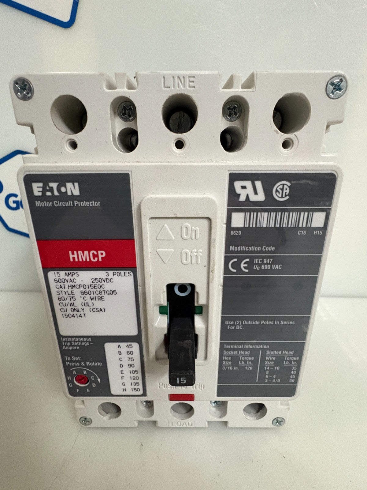 EATON CUTLER HAMMER 15 AMP MOTOR CIRCUIT BREAKER HMCP015E0C 6601C87G051