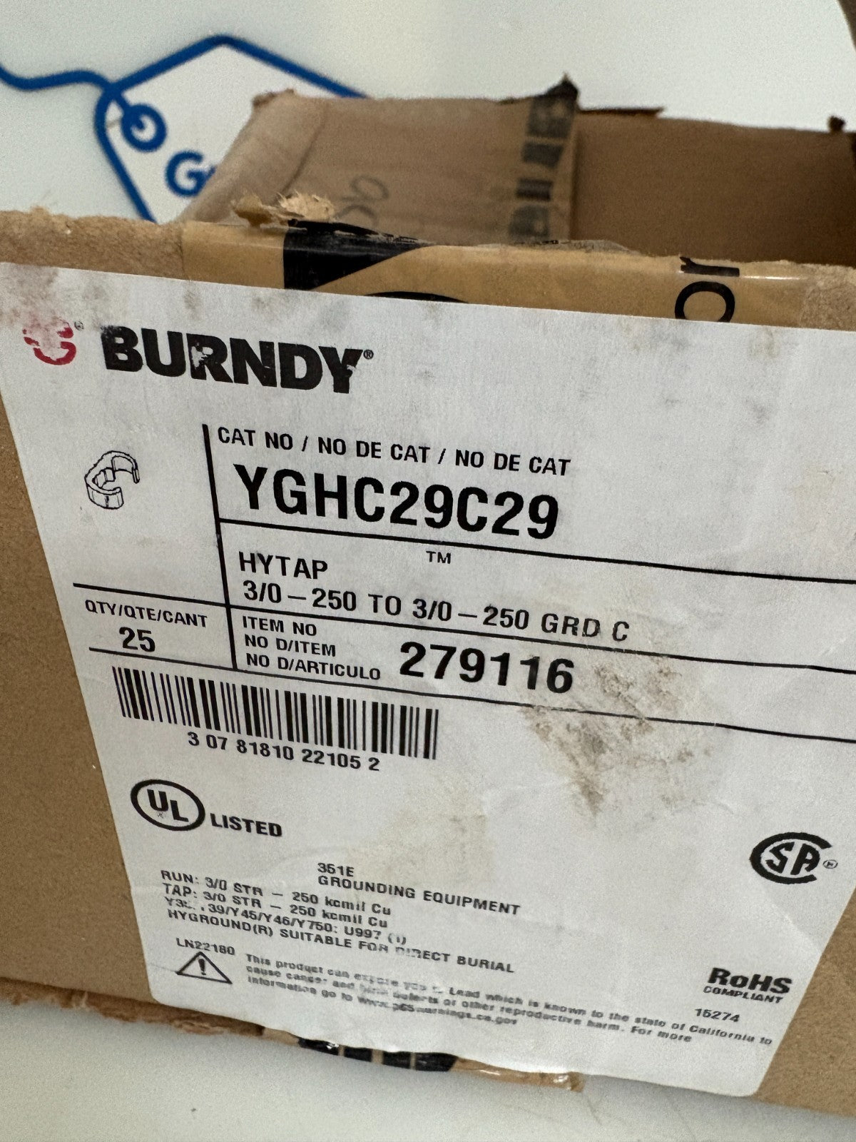 BURNDY HY TAP CONNECTOR 3/0-250T0 3/0-250 GROUND C #YGHC29C29 25 PER BOX2