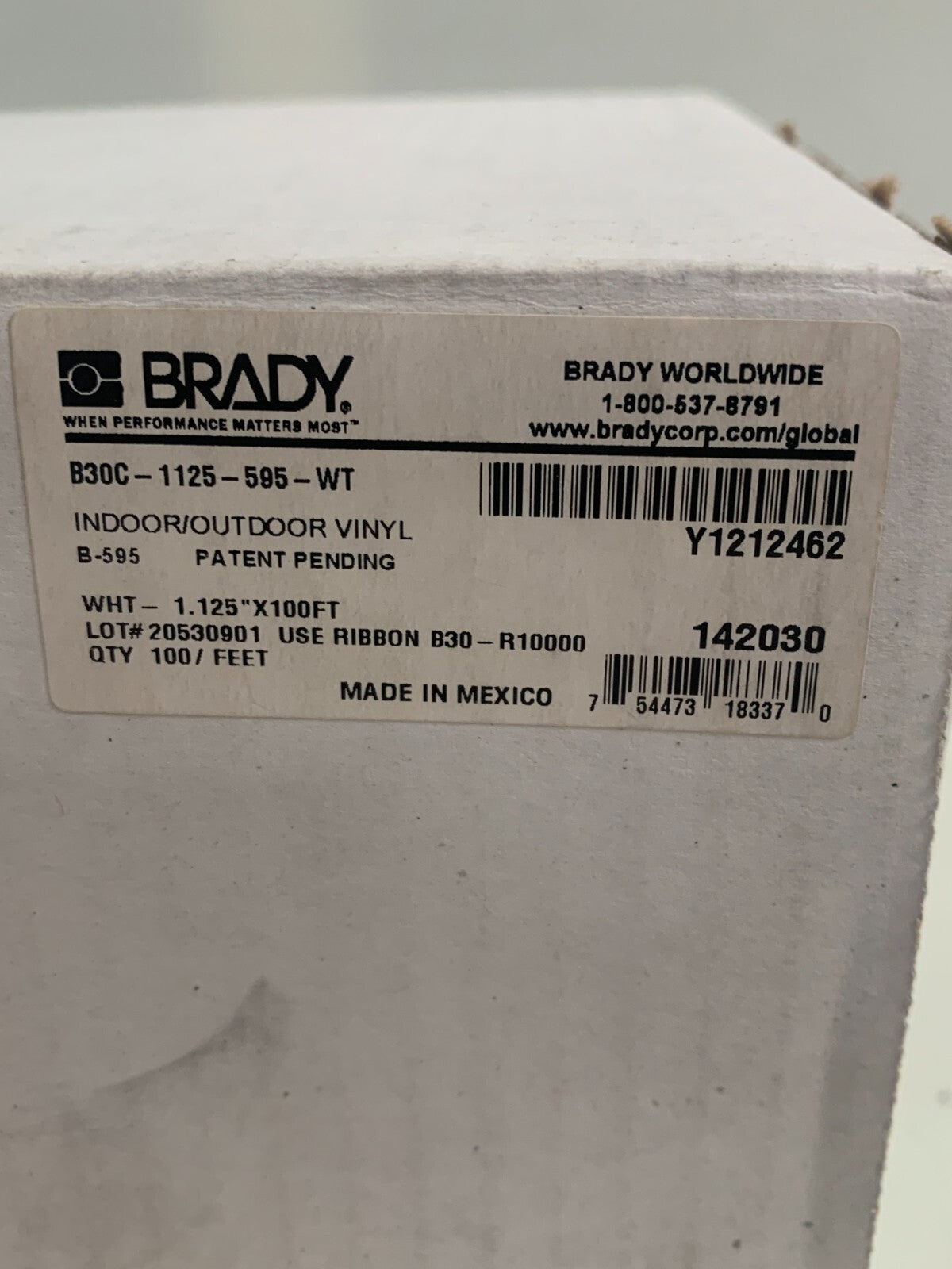 BRADY 1.125" X100FT B30C-1125-595-WT WHITE RIBBON CARTRIDGE