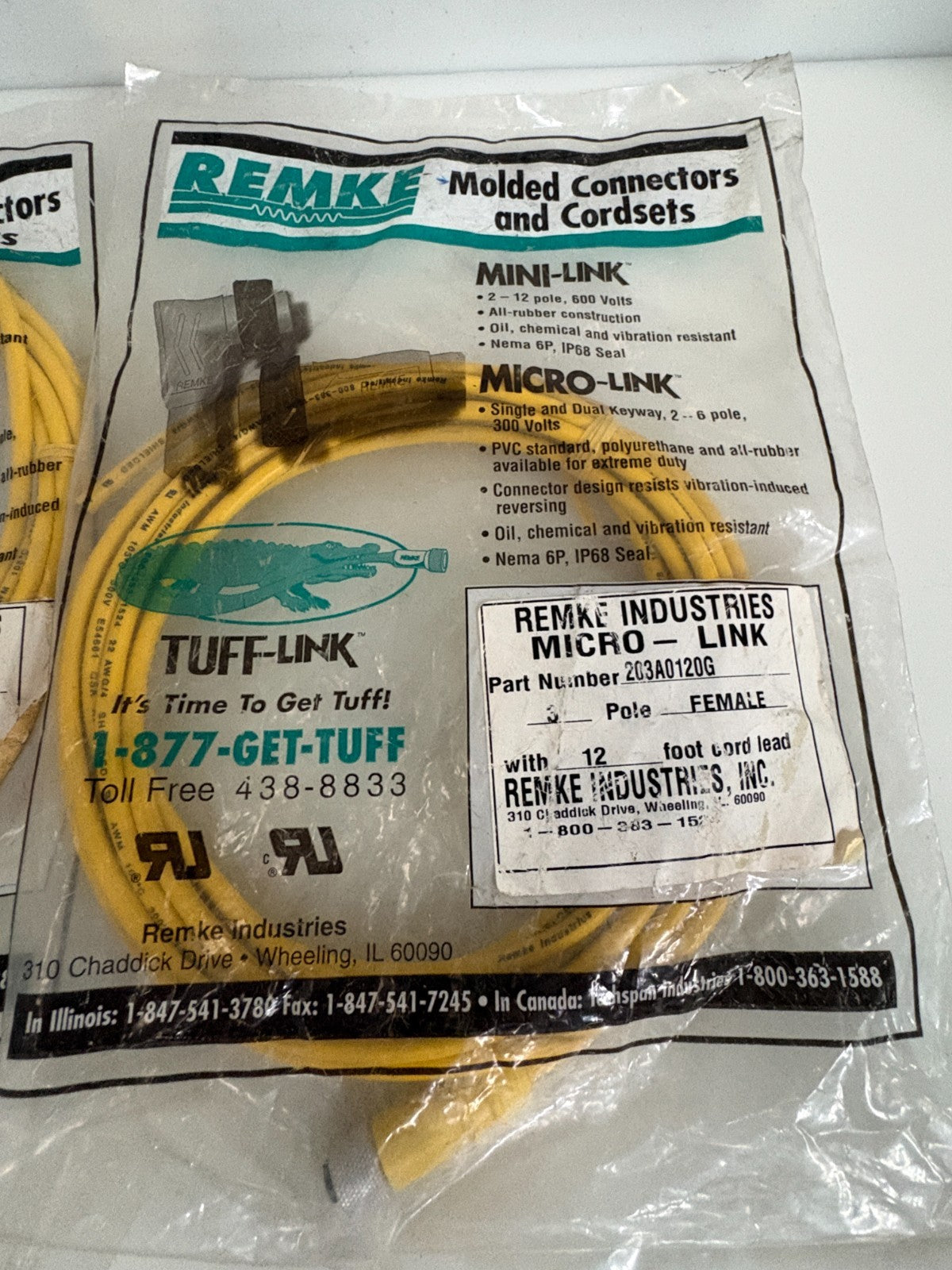 LOT OF 2 REMKE MICRO-LINK 3 POLE FEMALE 12' CORDSET 203A0120G