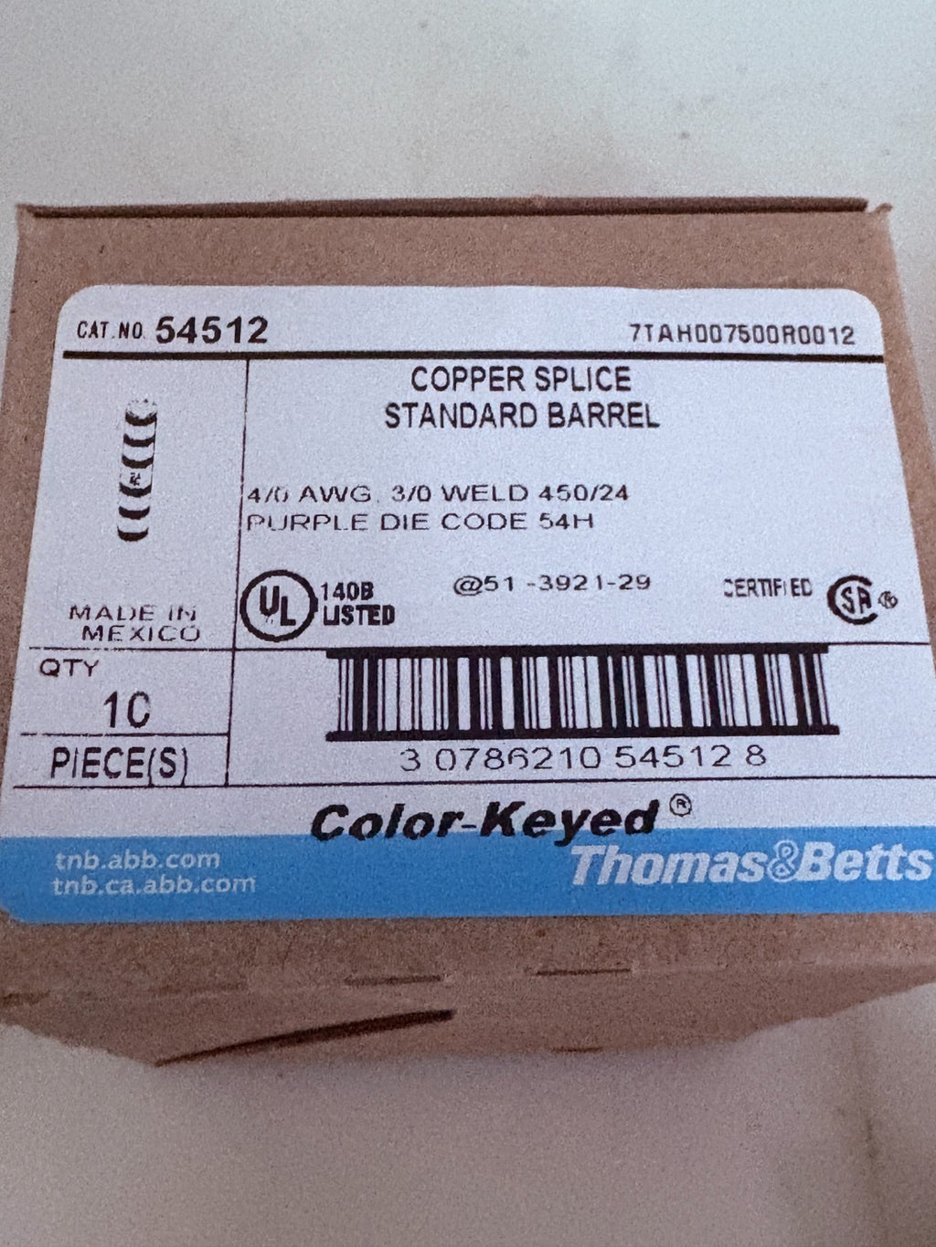 LOT OF 2  BOX OF 10 ABB THOMAS & BETTS COPPER SPLICE STANDARD BARREL #545122