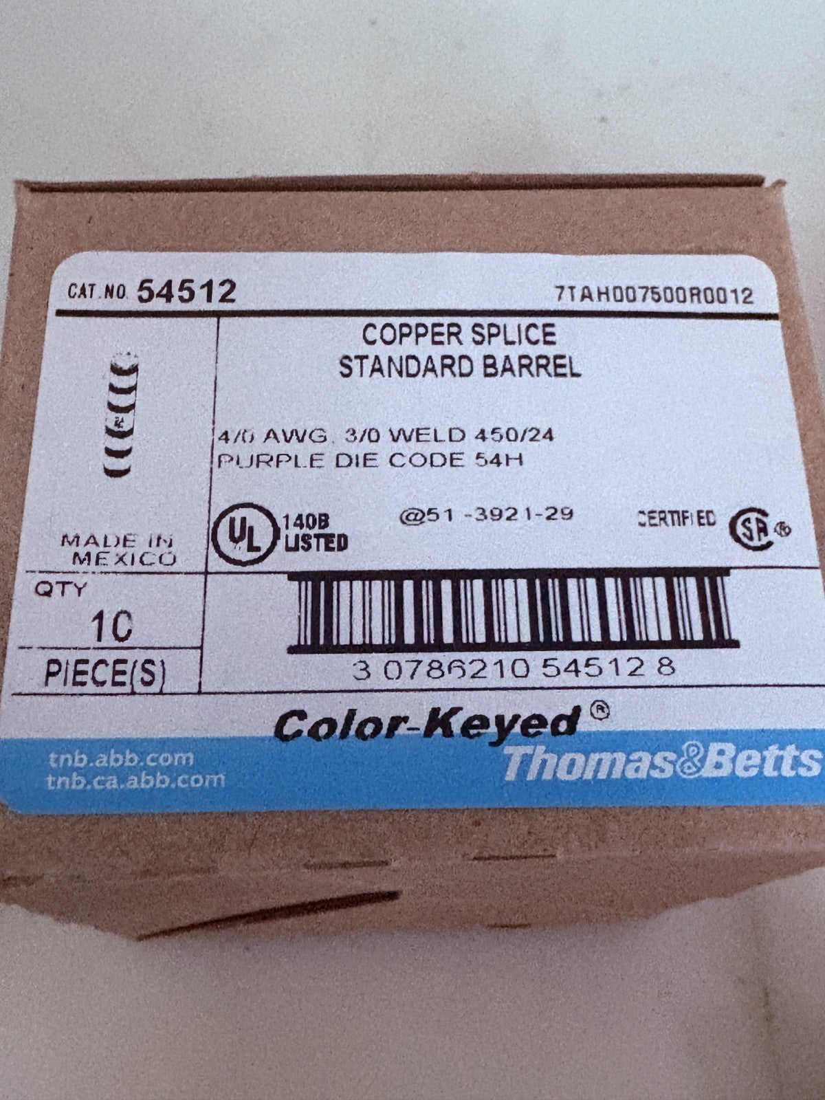 LOT OF 2  BOX OF 10 ABB THOMAS & BETTS COPPER SPLICE STANDARD BARREL #545122
