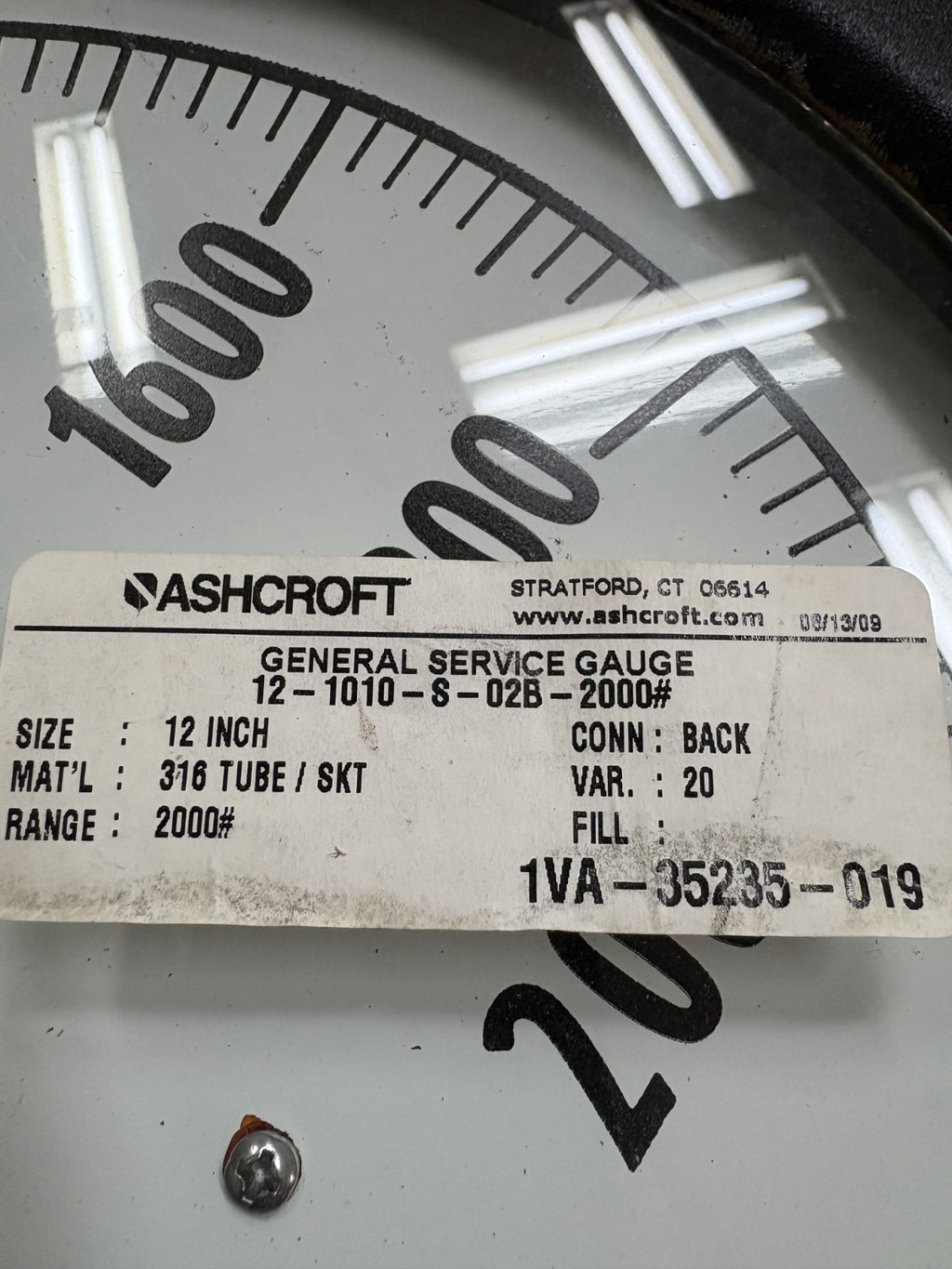 ASHCROFT GENERAL SERVICE GAUGE 12" 0-2000 PSI 12-1010-8-026-2004