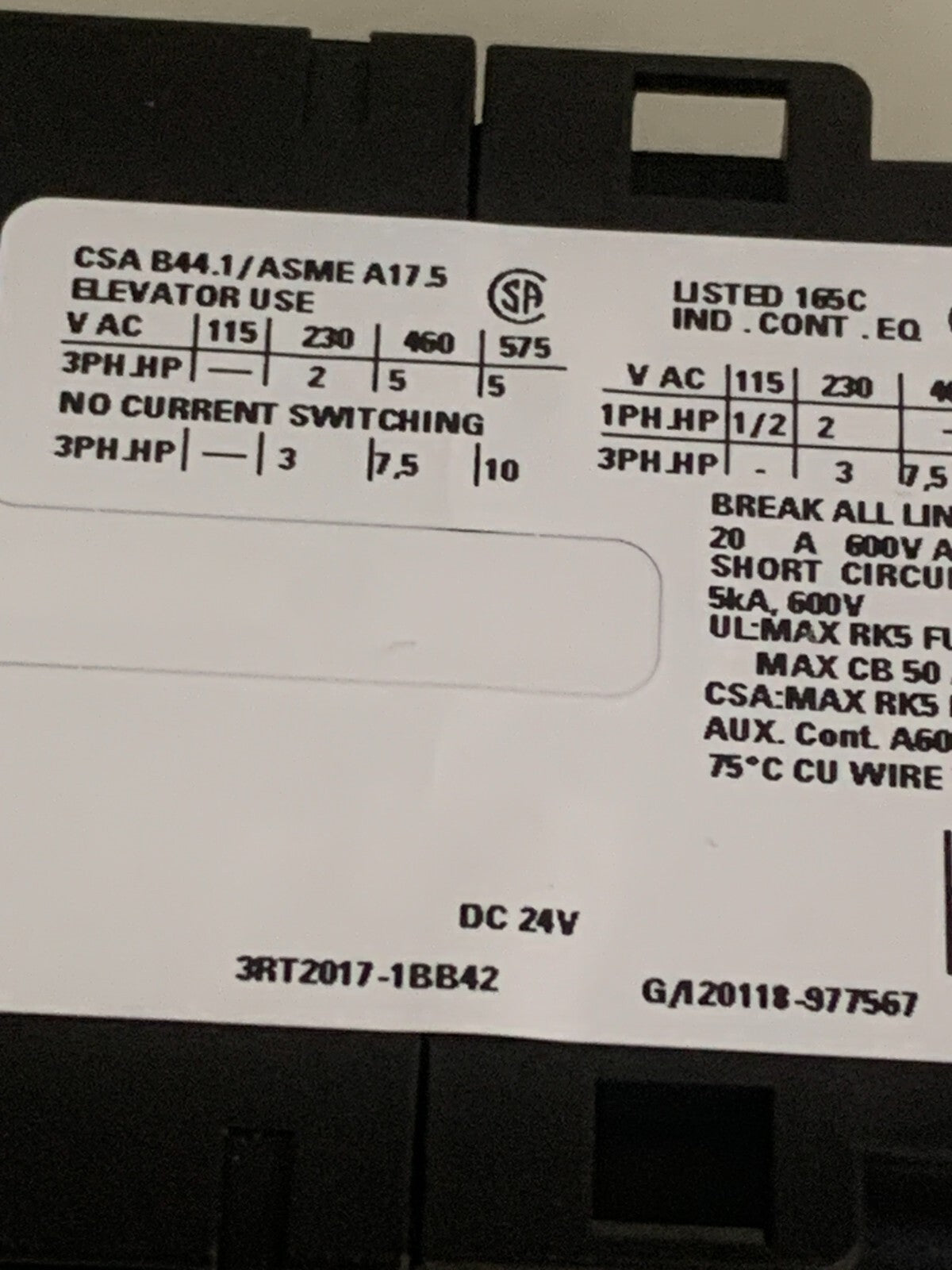 SIEMENS SIRIUS CONTACTOR 3RT2017-1BB42 W/3RT2916-1D600