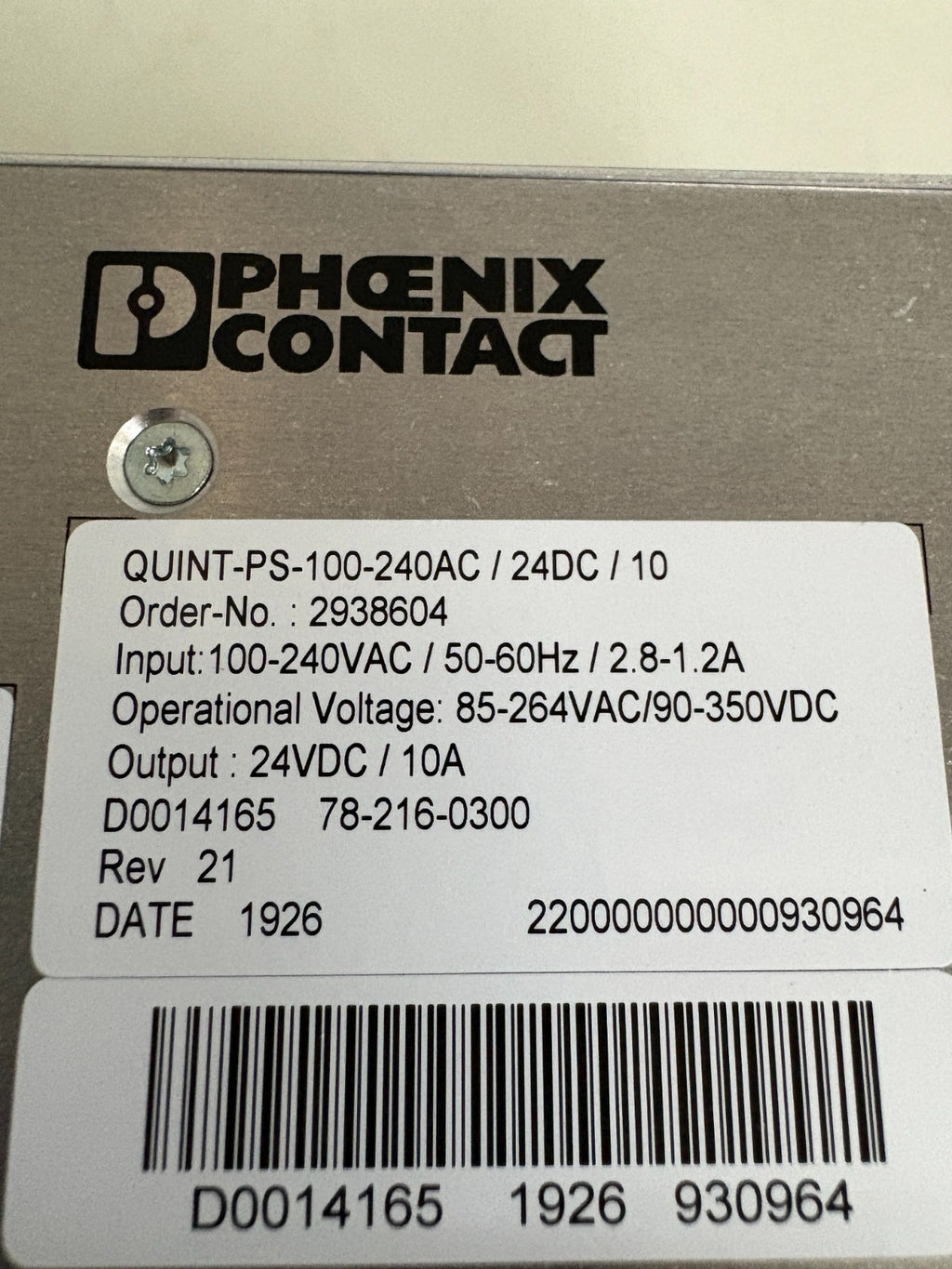 PHOENIX CONTACT POWER SUPPLY QUINT-PS-100-240AC/24DC/10 #29386043