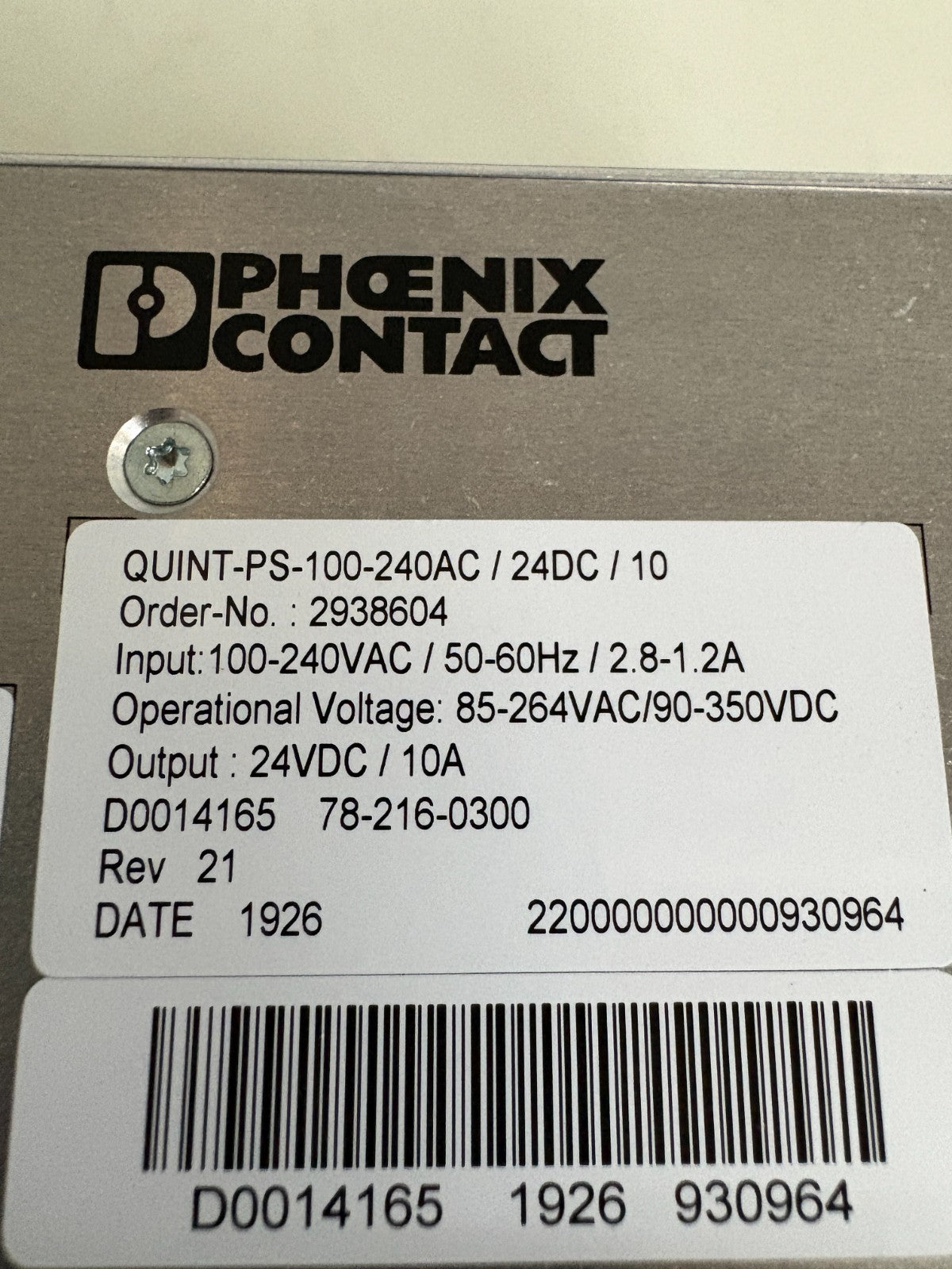PHOENIX CONTACT POWER SUPPLY QUINT-PS-100-240AC/24DC/10 #29386043