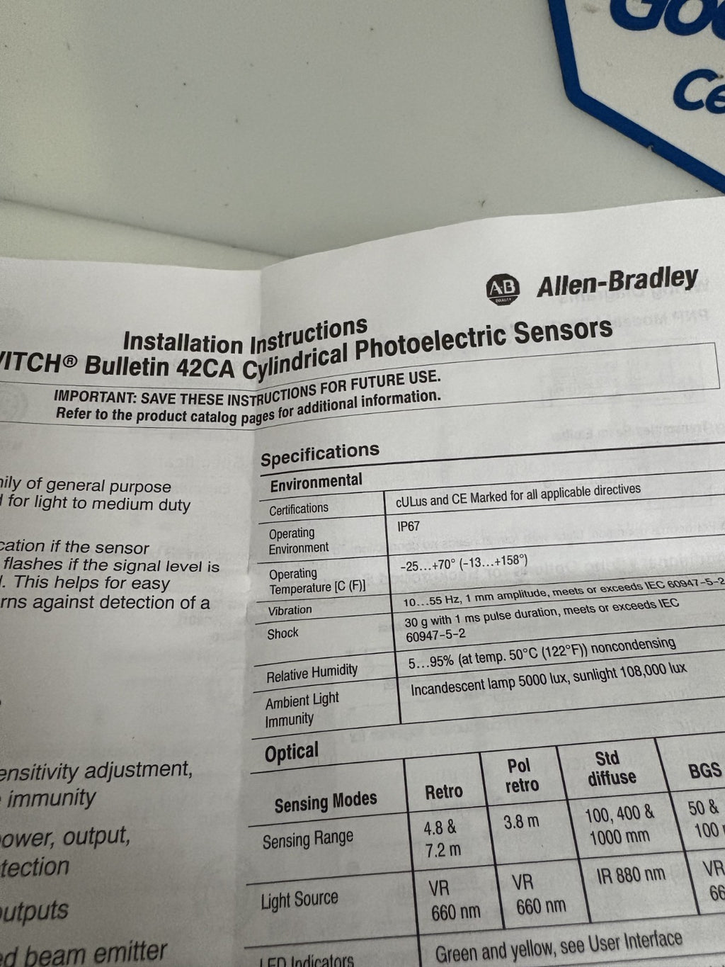 ALLEN BRADLEY RETRO REFLECTIVE SENSOR 42 CA-U2MPB-04 C SERIES