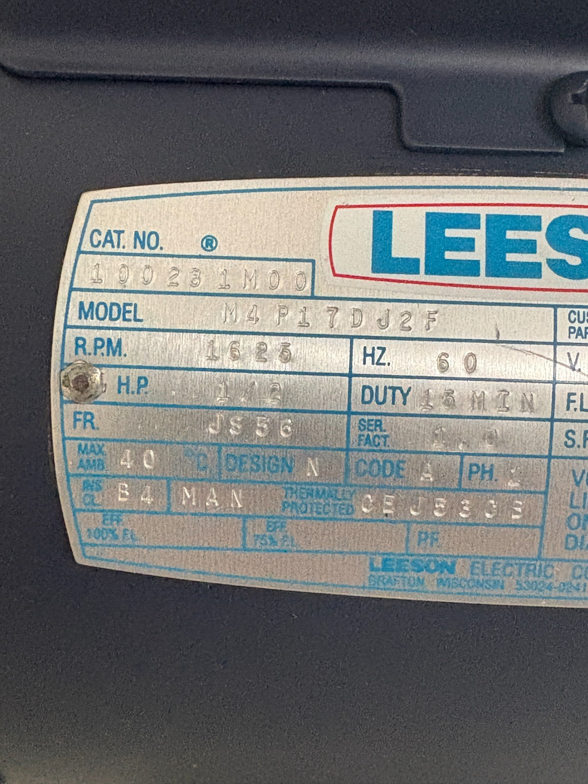 LEESON 1/2HP MOTOR M4P17DJ2F CAT #100231M00