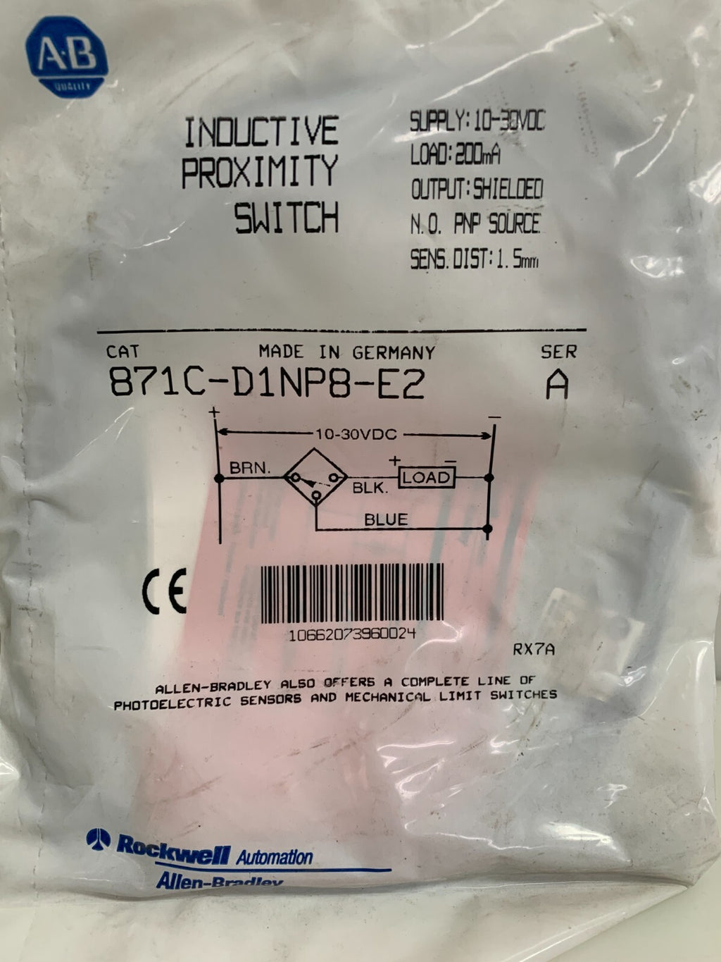 ALLEN BRADLEY INDUCTIVE PROXIMITY SWITCH 871C-D1NP8-E2 SER A1