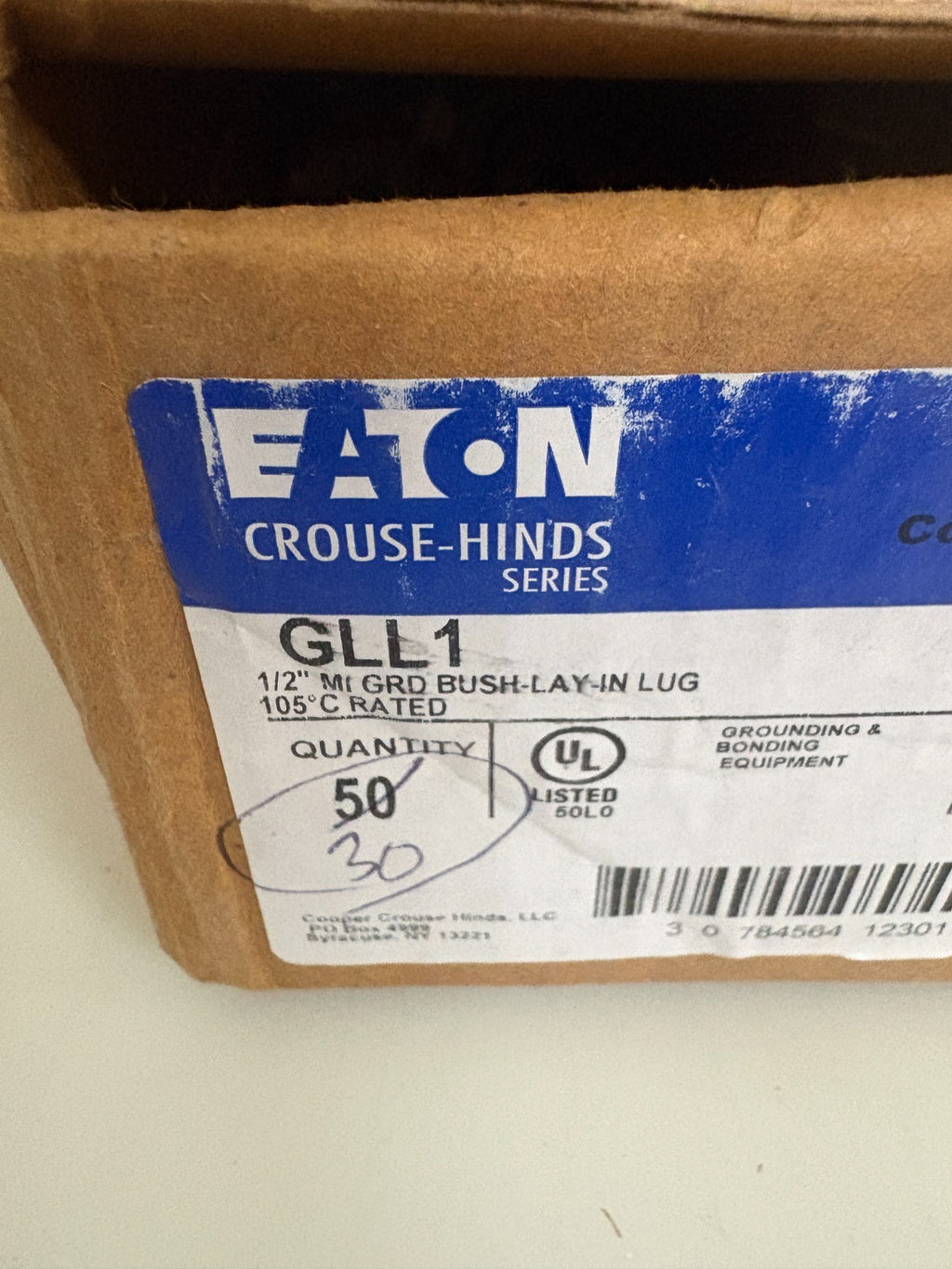 LOT OF 30 EATON CROUSE HINDS 1/2" MI GROUND BUSH-LAY-IN LUG # GLL12