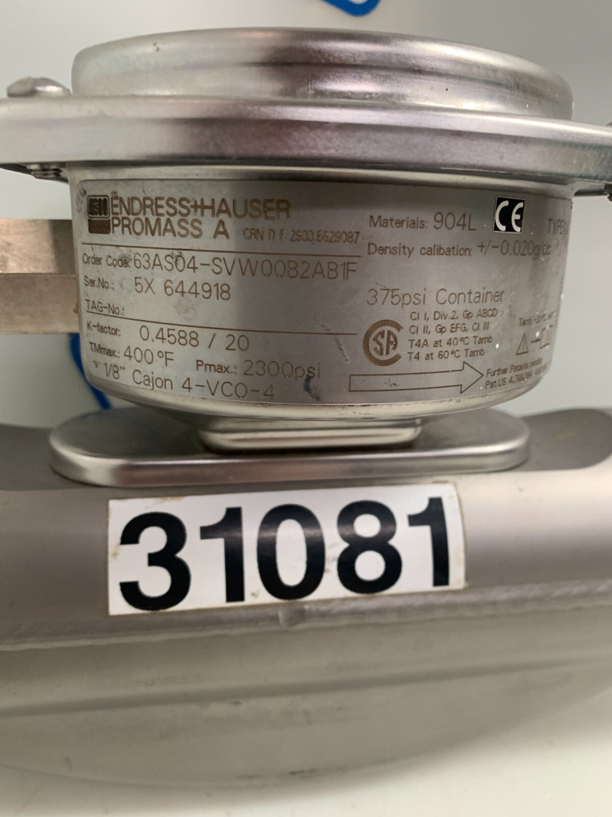 ENDRESS & HAUSER PROMASS F FLOWMETER 83F25-12U 4/01
