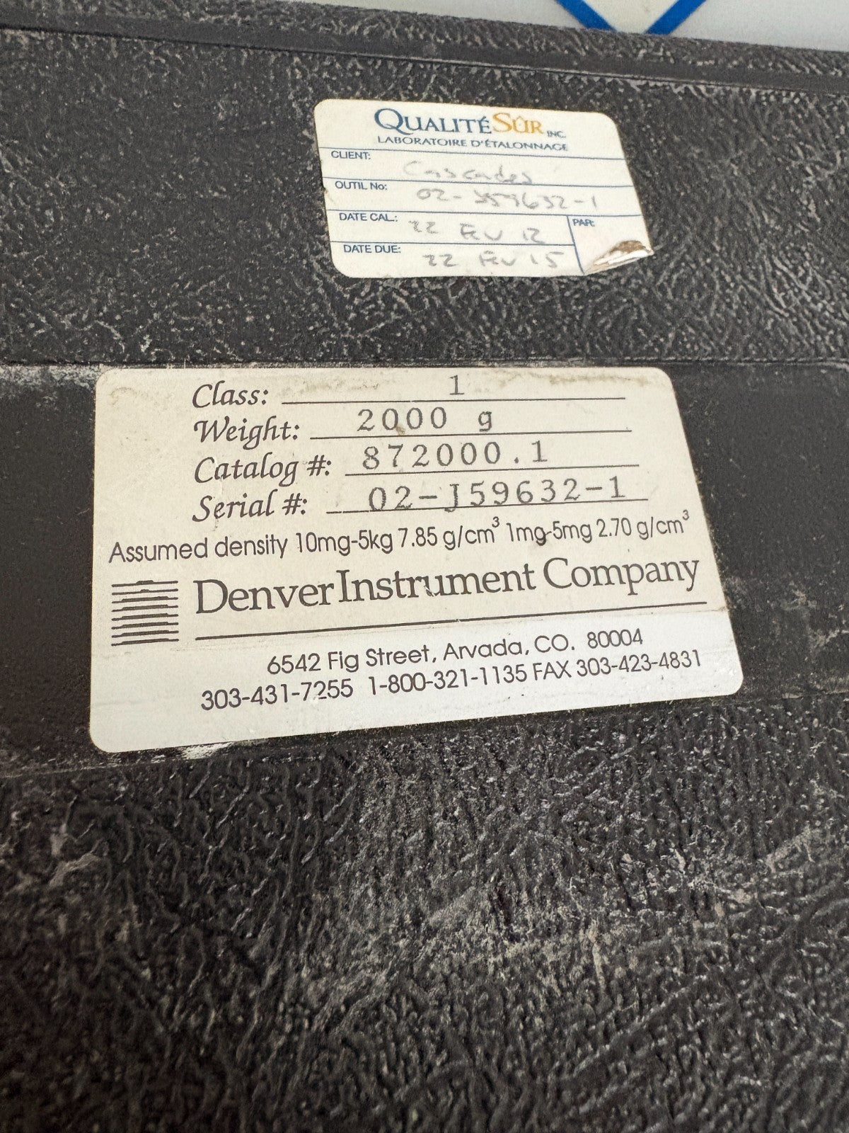 DENVER INSTRUMENT 20006 CALIBRATION WEIGHT #872000.1 IN CASE
