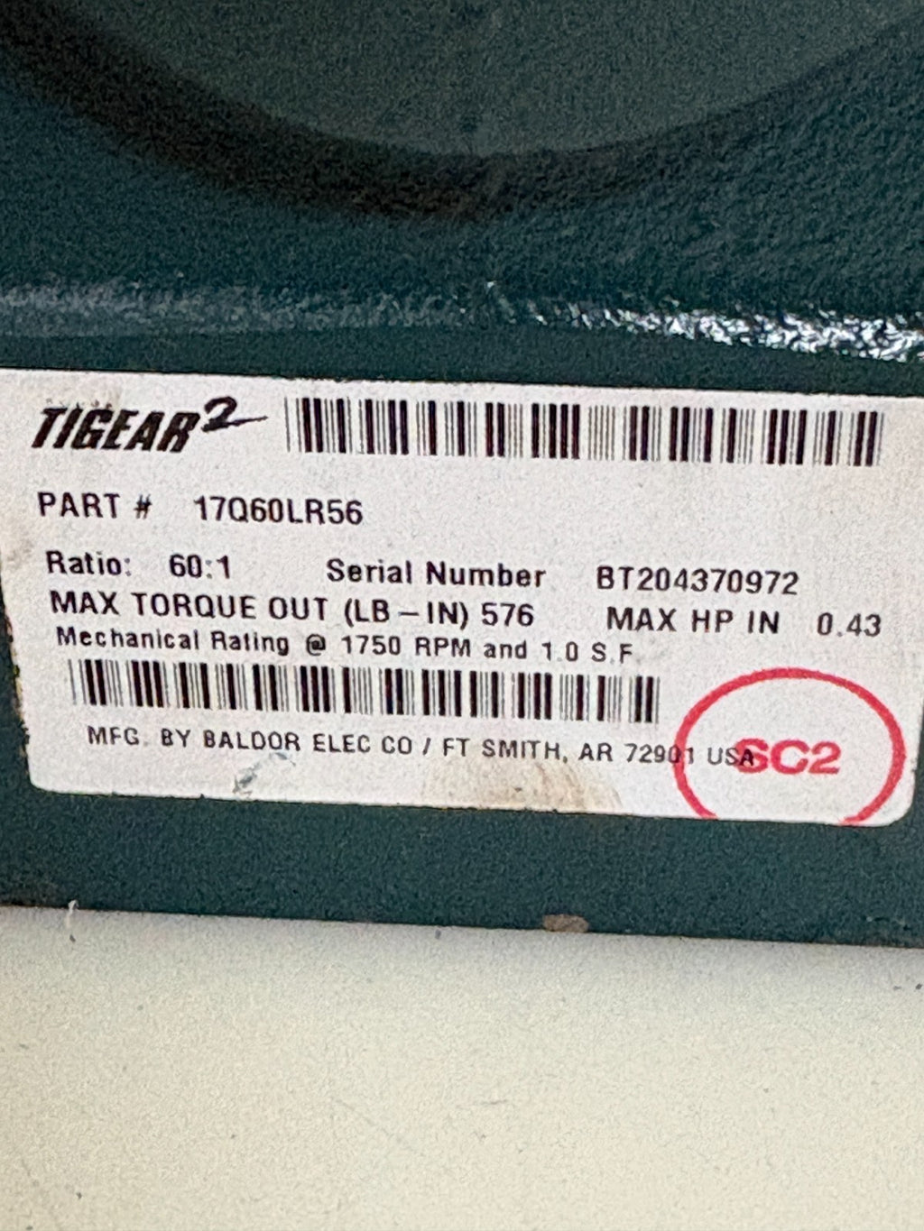 DODGE TIGEAR-2 REDUCER GEAR BOX #17Q60LR56 0.43 HP 60:1 GEAR 29RPM4