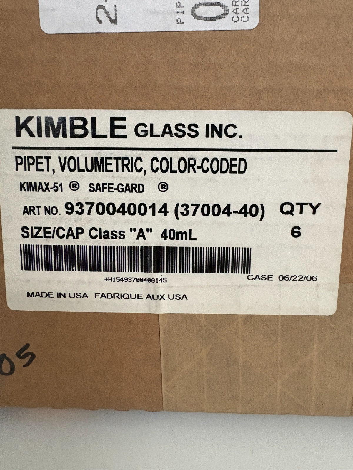 KIMBLE GLASS 40ML VOLUMETRIC COLOR CODED PIPET 937 00 400 14 (37004-40) BOX OF 6