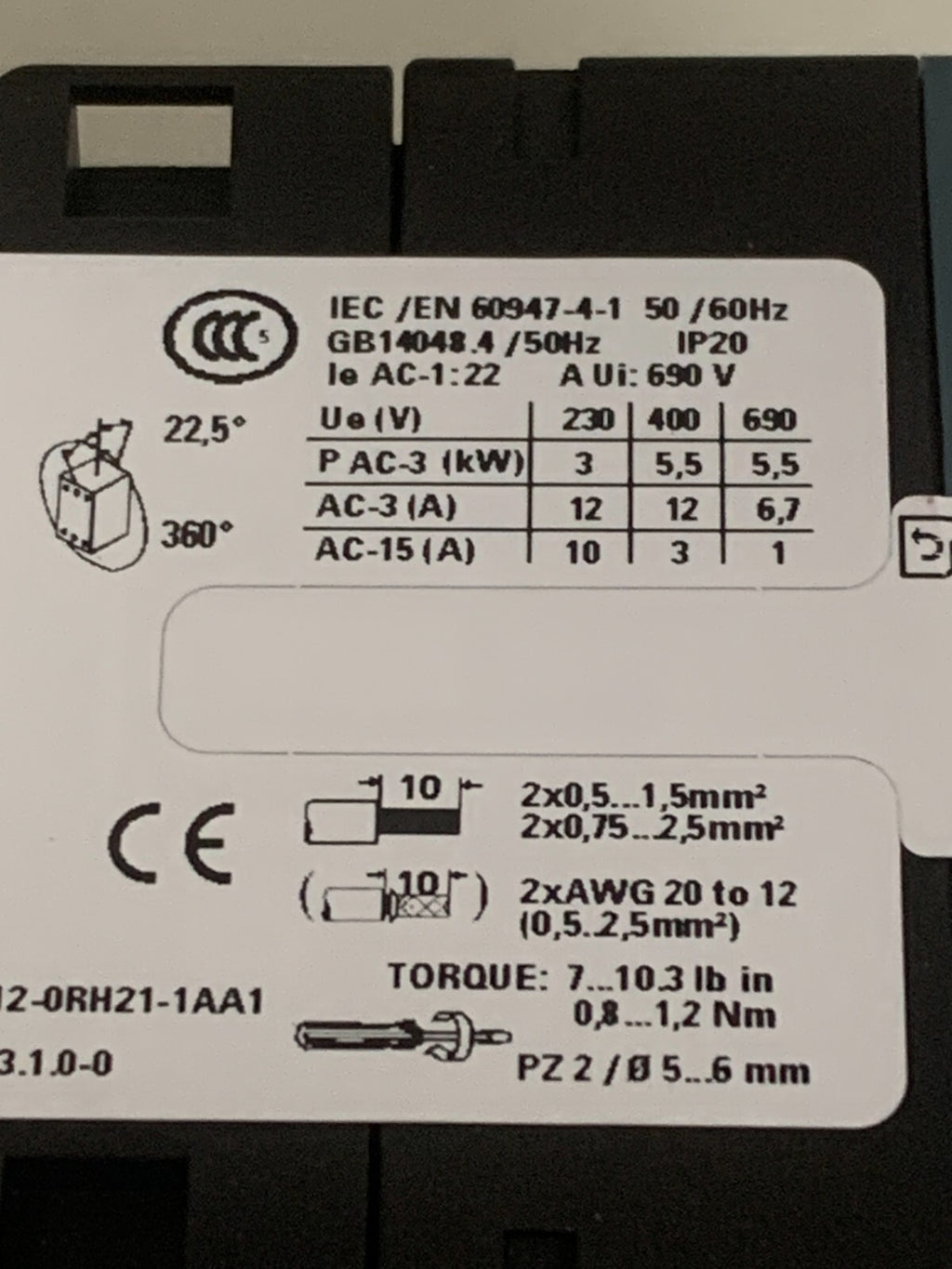 SIEMENS SIRIUS CONTACTOR 3RT2017-1BB42 W/3RT2916-1D600