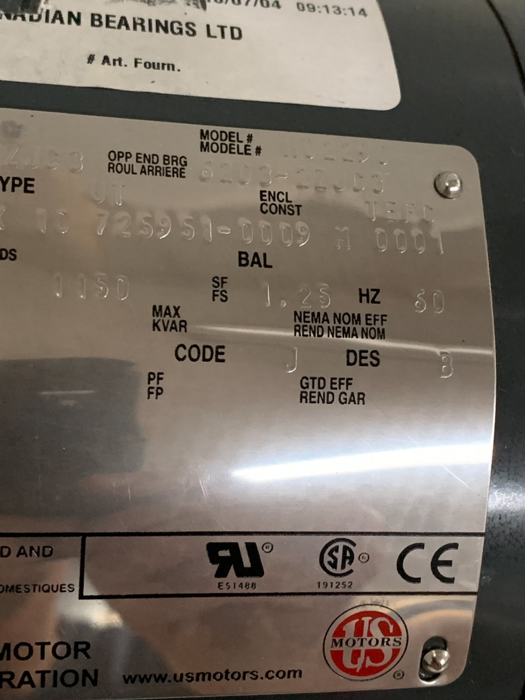US MOTORS 3/4 HP 1200 RPM #H02290